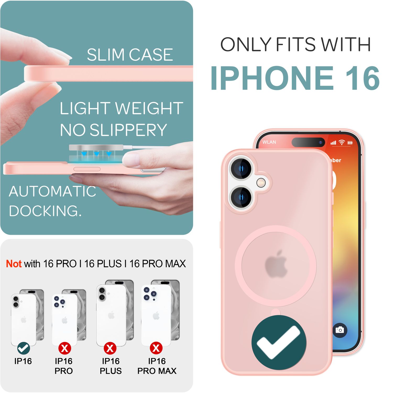 NALIA Matte MagSafe Hybrid Hülle für iPhone 16, Anti-Fingerabdruck Acryl Rückseite, Cover Semi-Transparent Rosa NALIA Protective Hülle