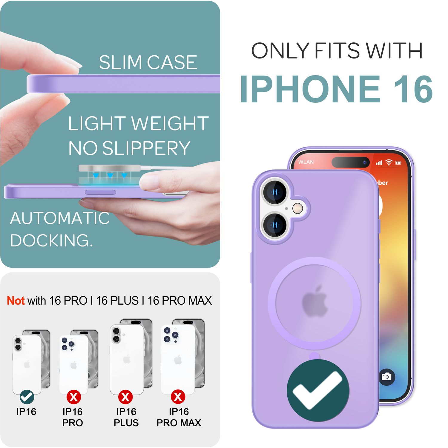 NALIA Matte MagSafe Hybrid Hülle für iPhone 16, Anti-Fingerabdruck Acryl Rückseite, Cover Semi-Transparent Lila NALIA Protective Hülle