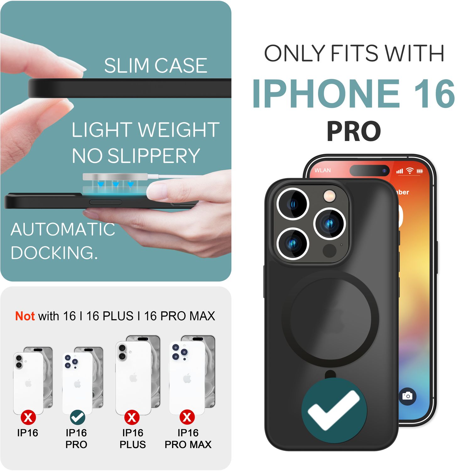 NALIA Matte MagSafe Hybrid Hülle für iPhone 16 Pro, Anti-Fingerabdruck Acryl Rückseite, Semi-Transparent Schwarz NALIA Protective Hülle