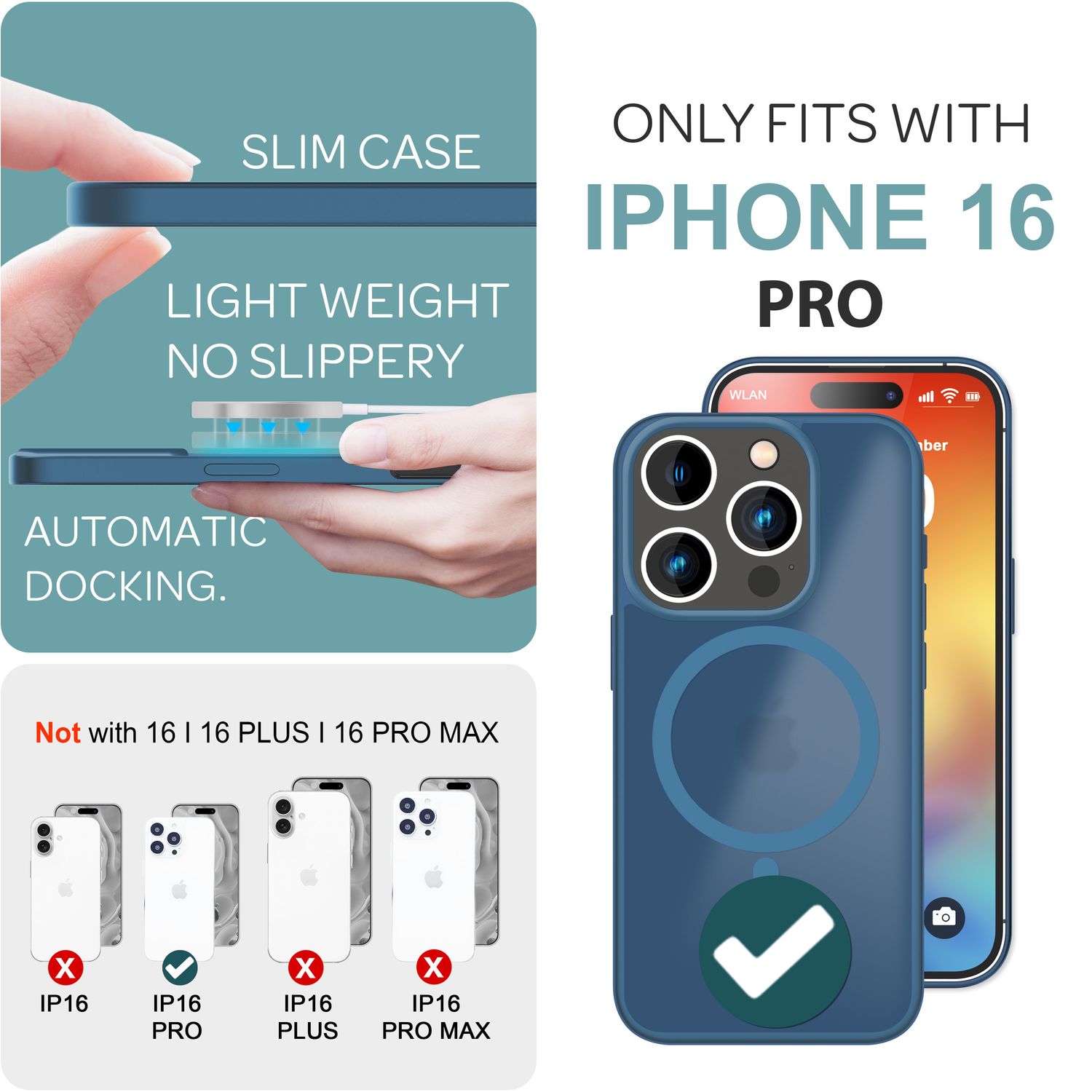 NALIA Matte MagSafe Hybrid Hülle für iPhone 16 Pro, Anti-Fingerabdruck Acryl Rückseite, Semi-Transparent Dunkelblau NALIA Protective Hülle