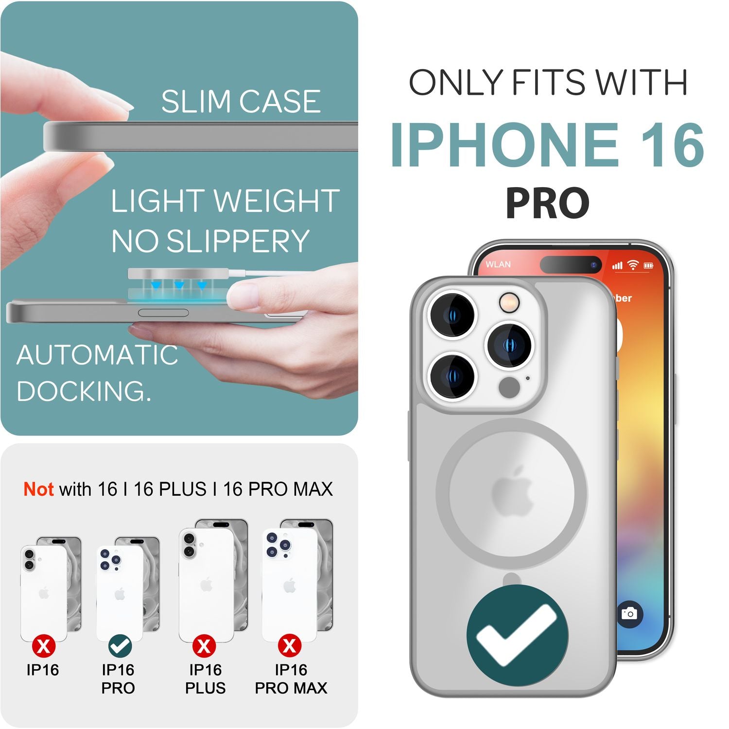 NALIA Matte MagSafe Hybrid Hülle für iPhone 16 Pro, Anti-Fingerabdruck Acryl Rückseite, Semi-Transparent Titan Grau NALIA Protective Hülle