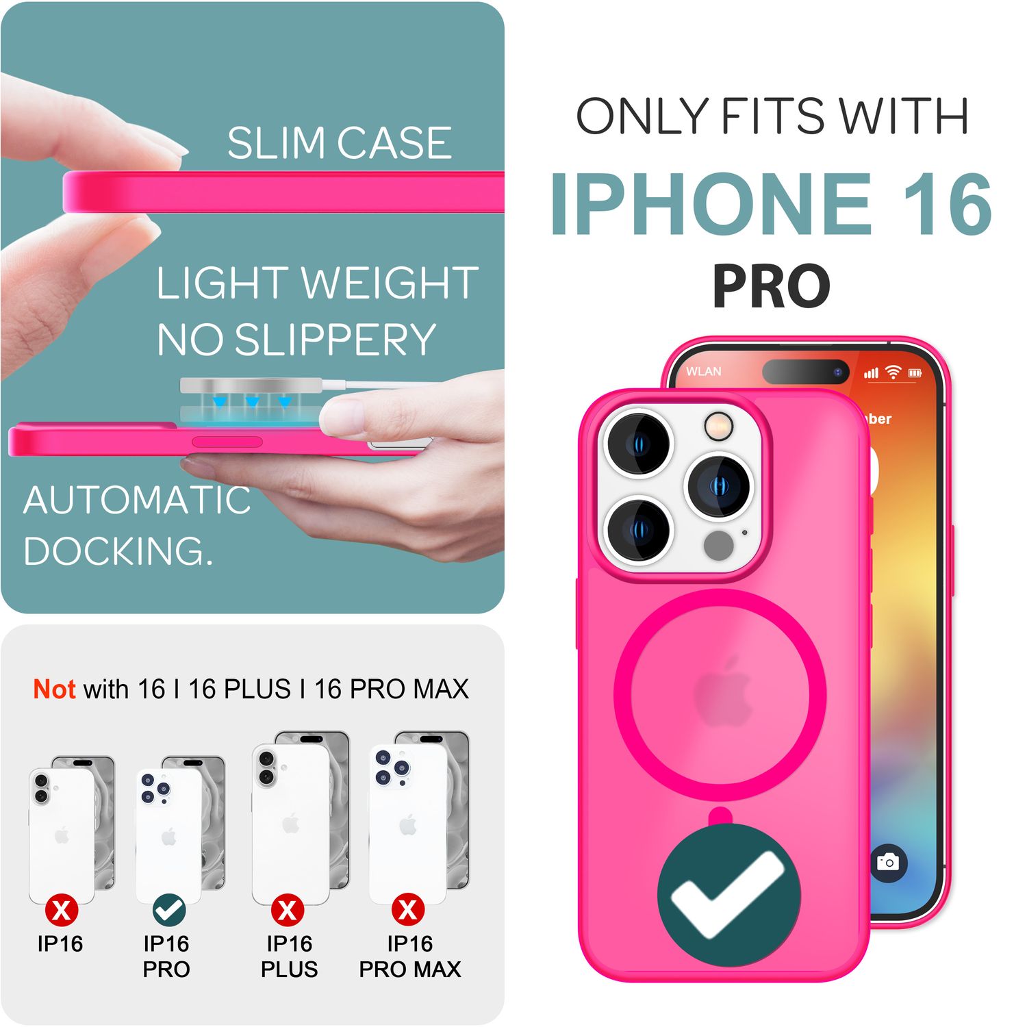 NALIA Matte MagSafe Hybrid Hülle für iPhone 16 Pro, Anti-Fingerabdruck Acryl Rückseite, Semi-Transparent Pink NALIA Protective Hülle