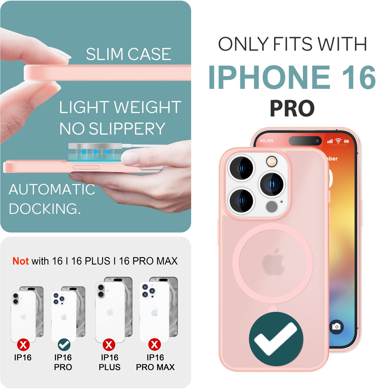 NALIA Matte MagSafe Hybrid Hülle für iPhone 16 Pro, Anti-Fingerabdruck Acryl Rückseite, Semi-Transparent Rosa NALIA Protective Hülle