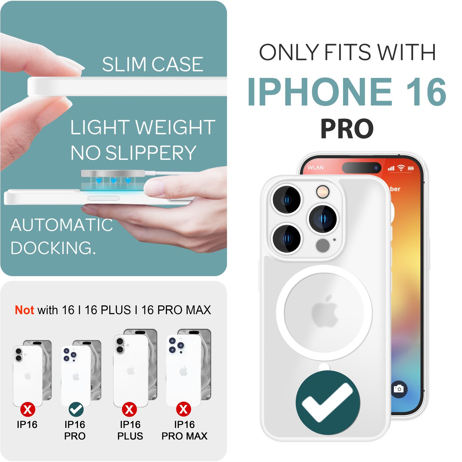 NALIA Matte MagSafe Hybrid Hülle für iPhone 16 Pro, Anti-Fingerabdruck Acryl Rückseite, Semi-Transparent Weiß NALIA Protective Hülle