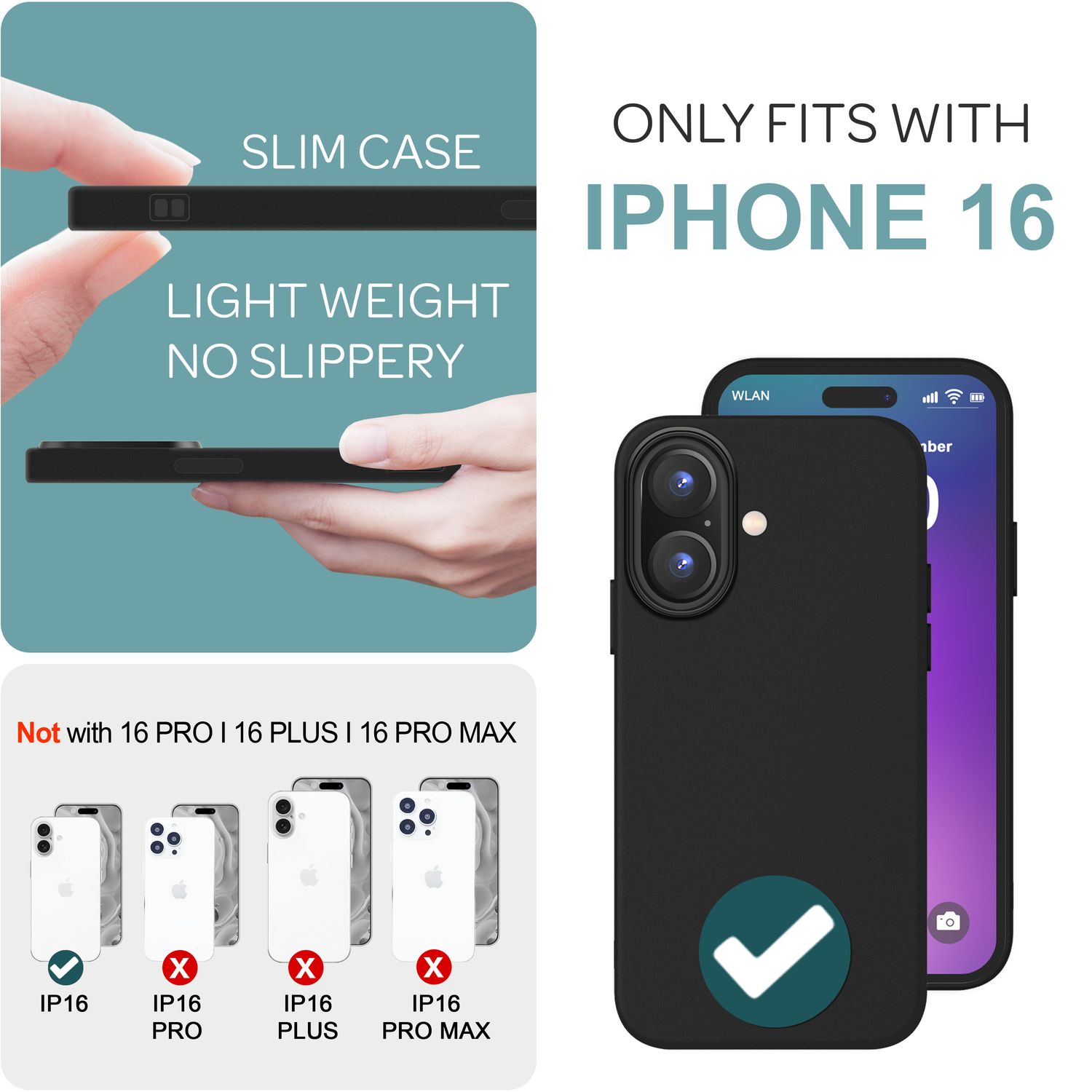 NALIA Fein Mattierte Silikonhülle für iPhone 16, Rutschfeste Handyhülle, Stoßfeste Fallschutz Hülle Schwarz NALIA Protective Hülle