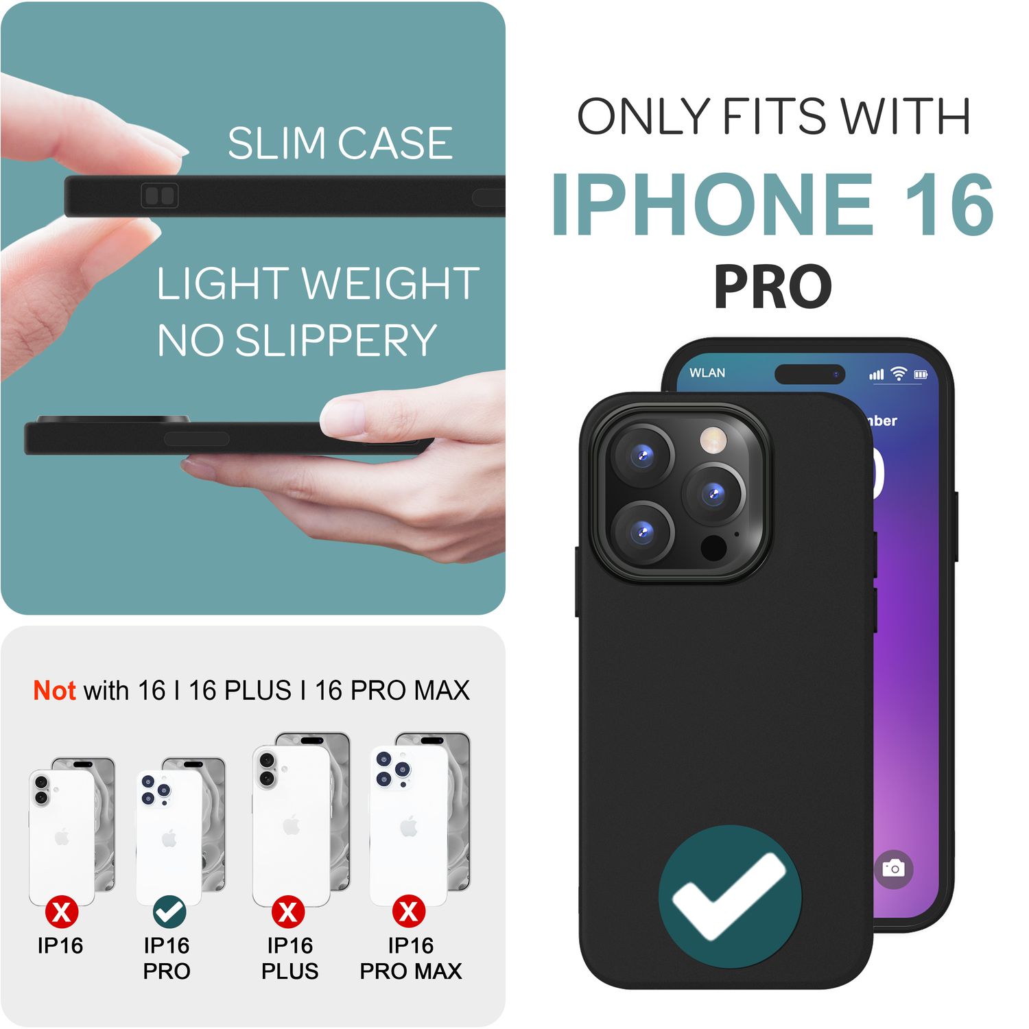 NALIA Fein Mattierte Silikonhülle für iPhone 16 Pro, Rutschfeste Handyhülle, Stoßfeste Fallschutz Hülle Schwarz NALIA Protective Hülle