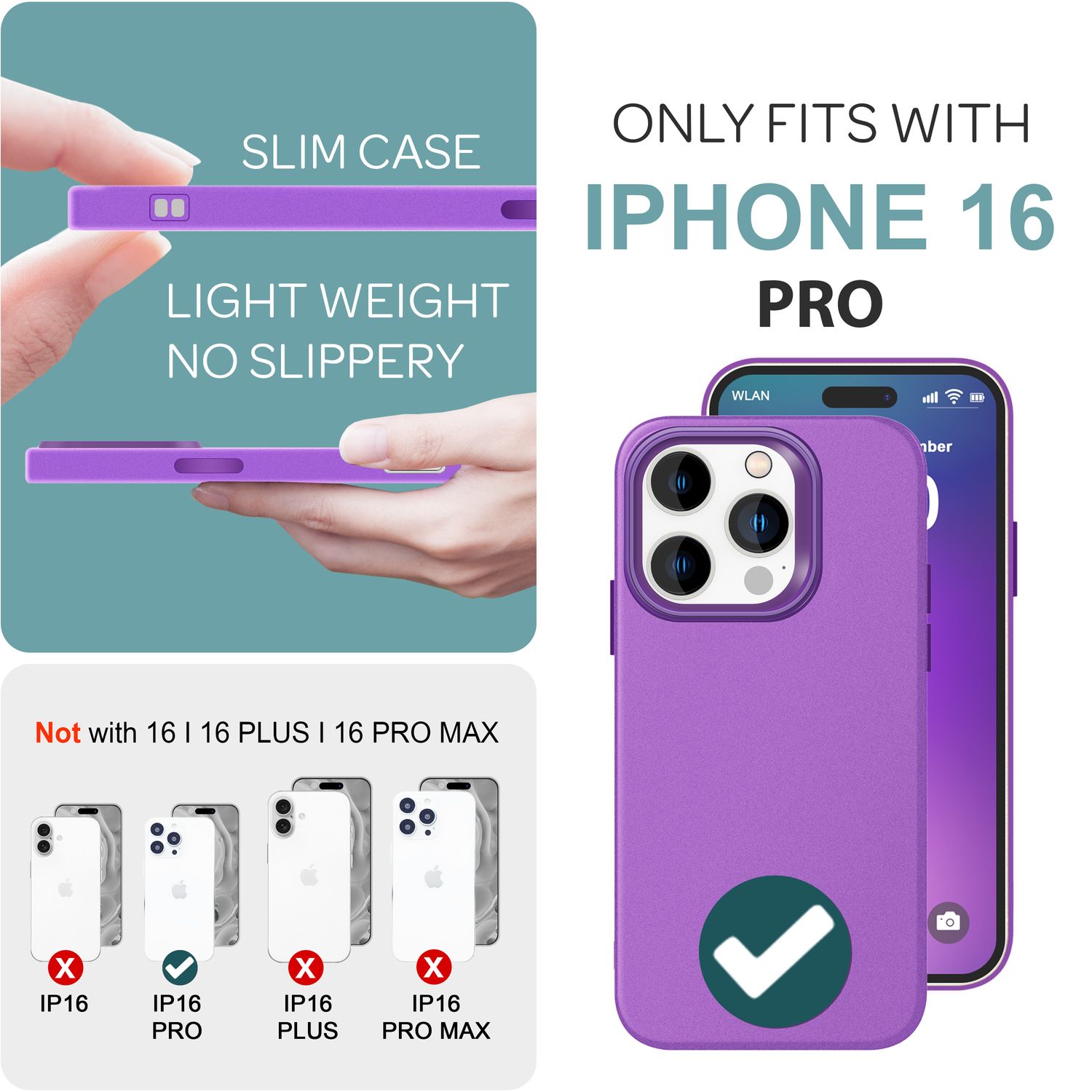 NALIA Fein Mattierte Silikonhülle für iPhone 16 Pro, Rutschfeste Handyhülle, Stoßfeste Fallschutz Hülle Lila NALIA Protective Hülle