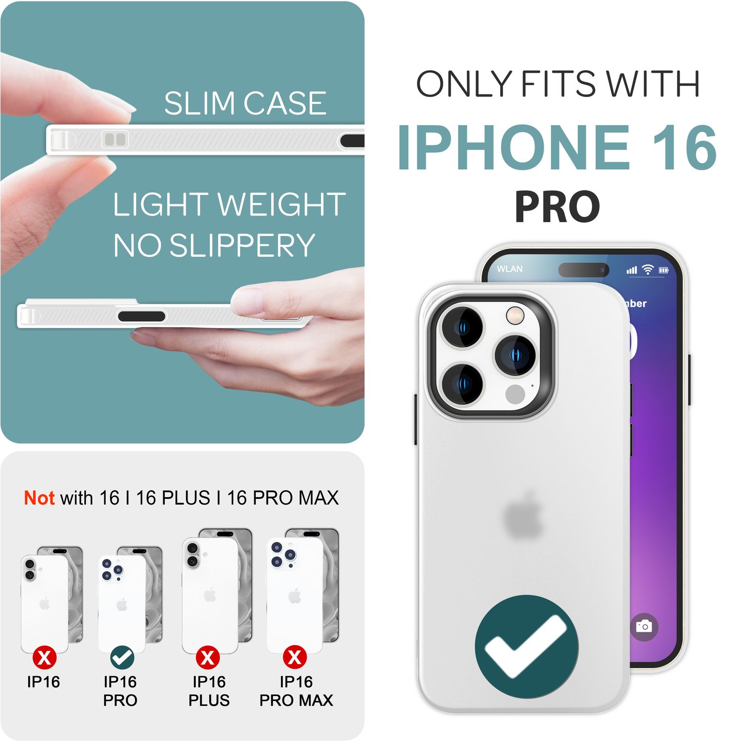 NALIA Fein Mattierte Silikonhülle für iPhone 16 Pro, Rutschfeste Handyhülle, Stoßfeste Fallschutz Hülle Weiß Transparent NALIA Protective Hülle