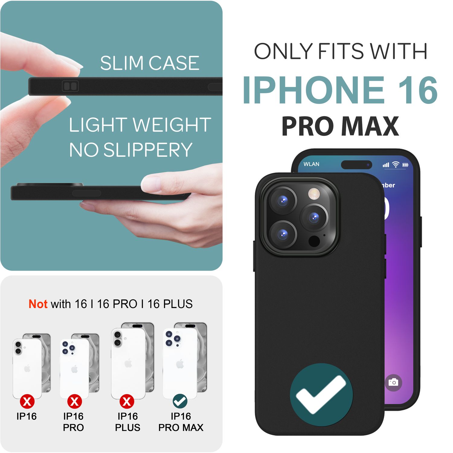 NALIA Fein Mattierte Silikonhülle für iPhone 16 Pro Max, Rutschfeste Handyhülle, Stoßfeste Schutz Hülle Schwarz NALIA Protective Hülle