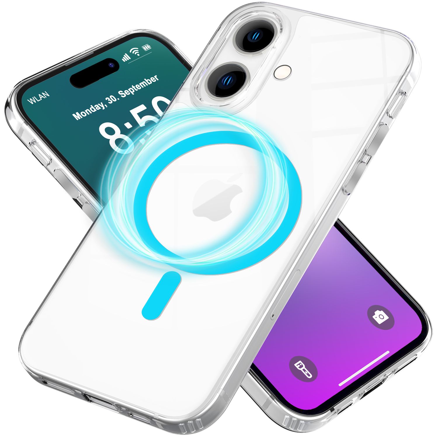 NALIA Klare MagSafe Acryl Hülle für iPhone 16, Bunter Neon Ring mit Night Glow Effekt, Transparente Handyhülle Blau NALIA Transparente Hülle