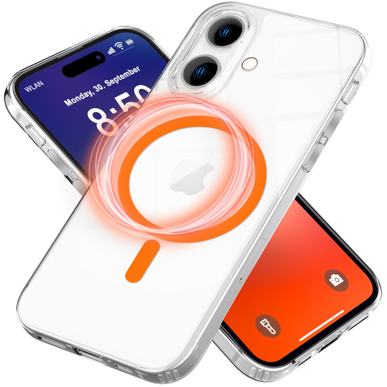 NALIA Klare MagSafe Acryl Hülle für iPhone 16, Bunter Neon Ring mit Night Glow Effekt, Transparente Handyhülle NALIA Transparente Hülle