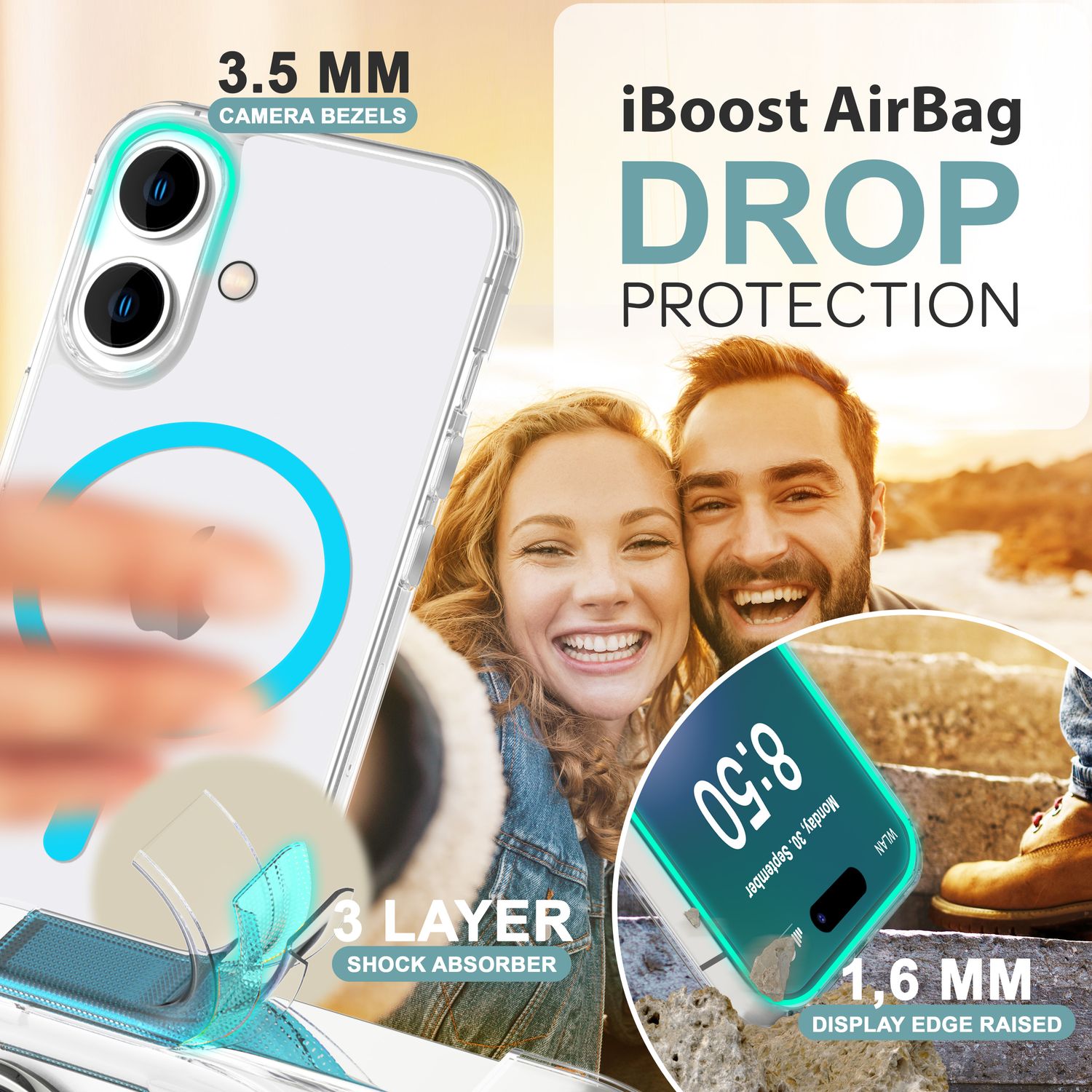 NALIA Klare MagSafe Acryl Hülle für iPhone 16, Bunter Neon Ring mit Night Glow Effekt, Transparente Handyhülle Blau NALIA Transparente Hülle