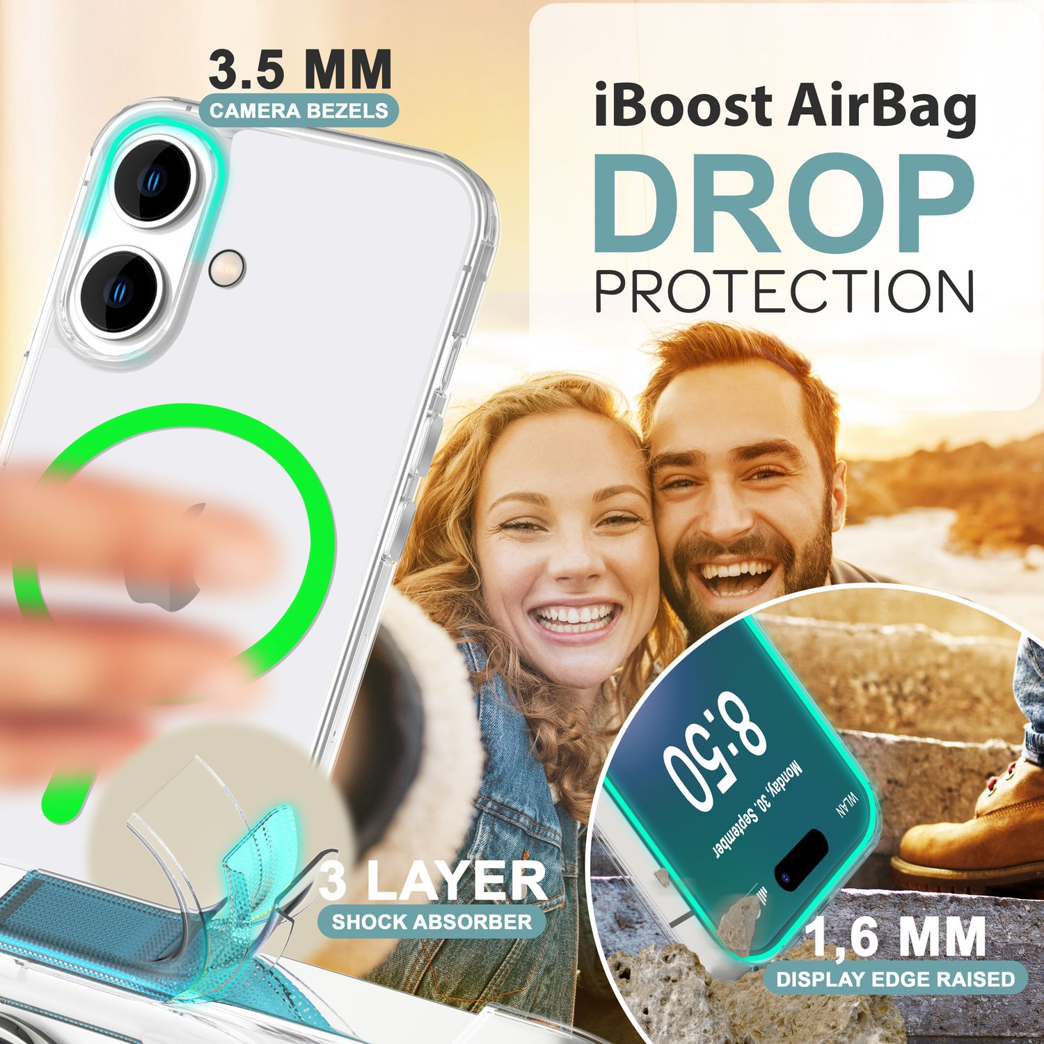 NALIA Klare MagSafe Acryl Hülle für iPhone 16, Bunter Neon Ring mit Night Glow Effekt, Transparente Handyhülle Grün NALIA Transparente Hülle