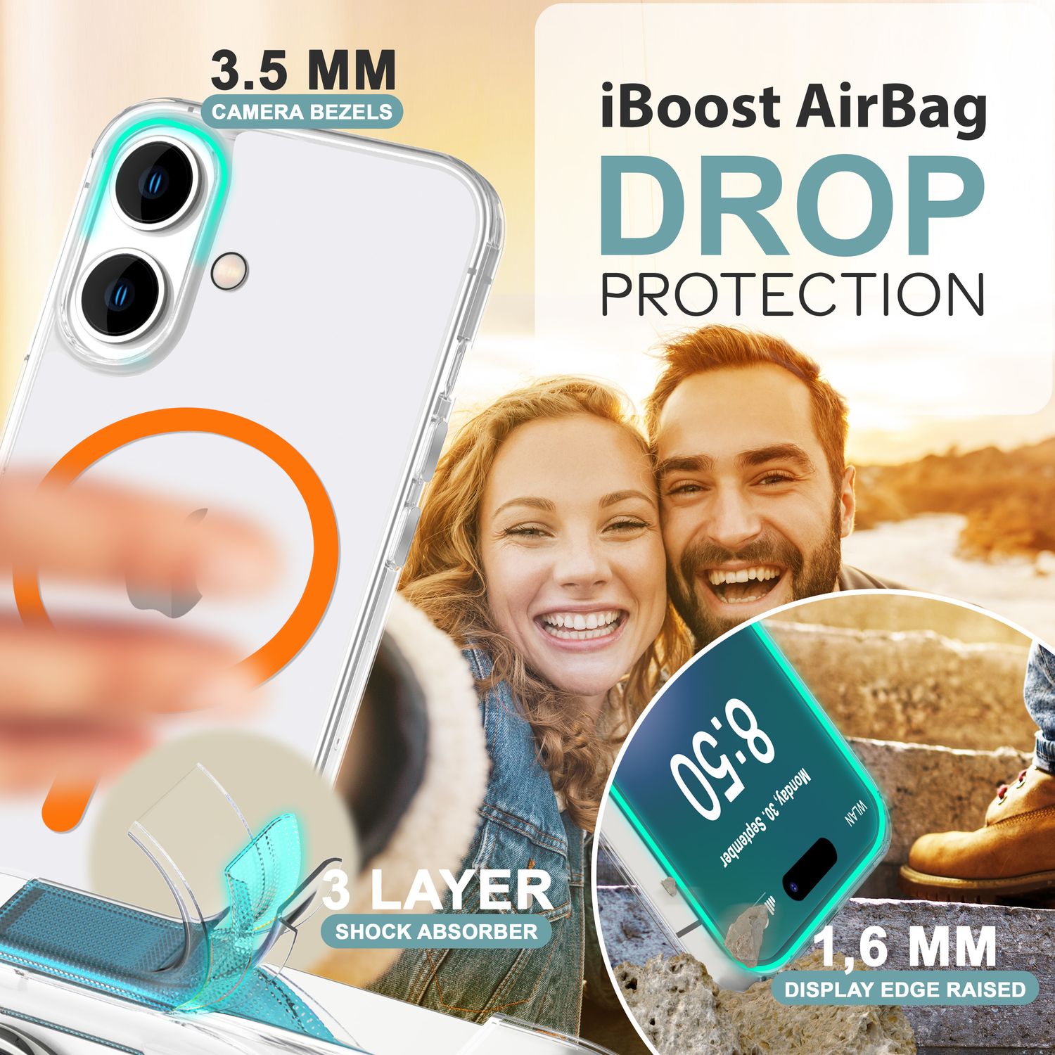 NALIA Klare MagSafe Acryl Hülle für iPhone 16, Bunter Neon Ring mit Night Glow Effekt, Transparente Handyhülle NALIA Transparente Hülle