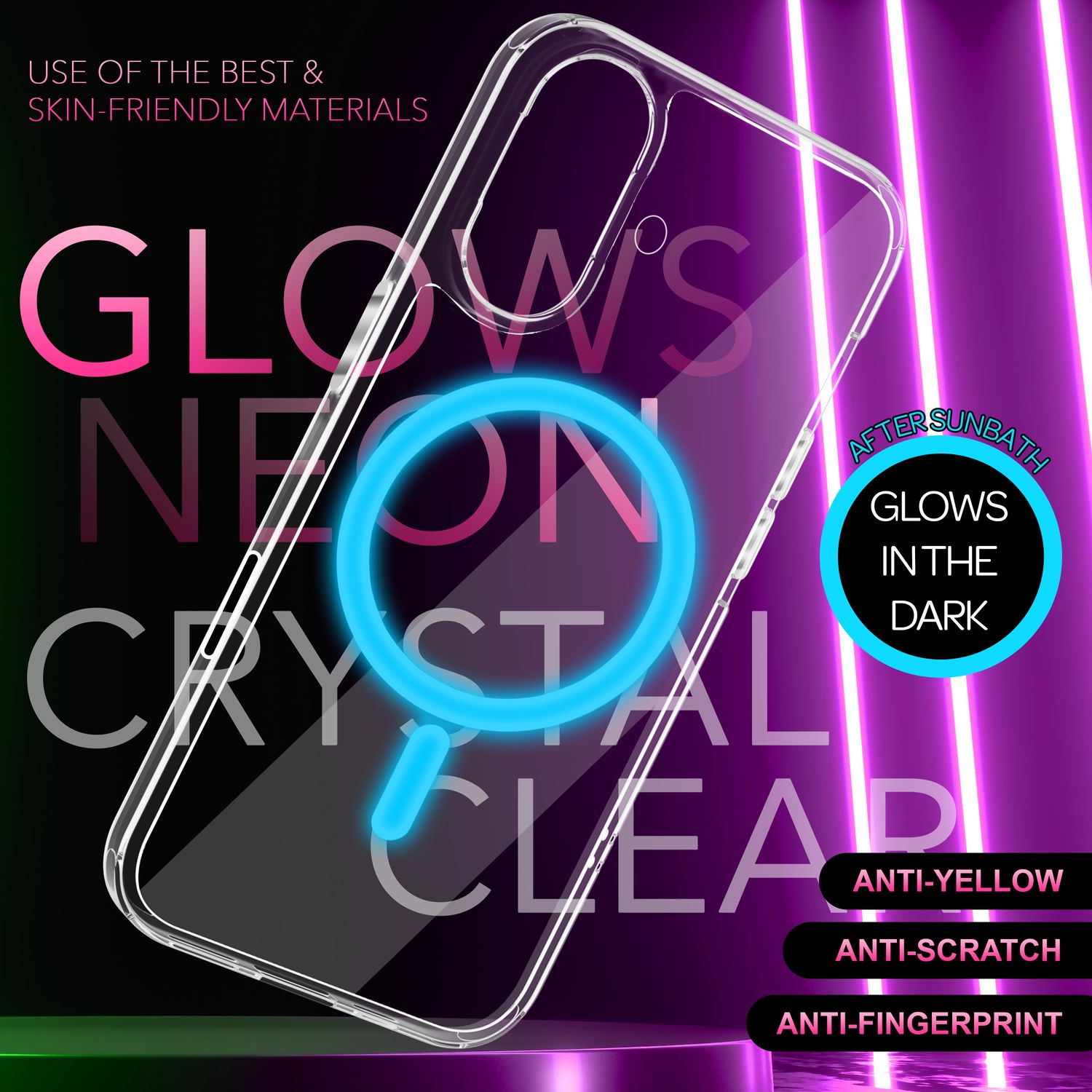 NALIA Klare MagSafe Acryl Hülle für iPhone 16, Bunter Neon Ring mit Night Glow Effekt, Transparente Handyhülle Blau NALIA Transparente Hülle