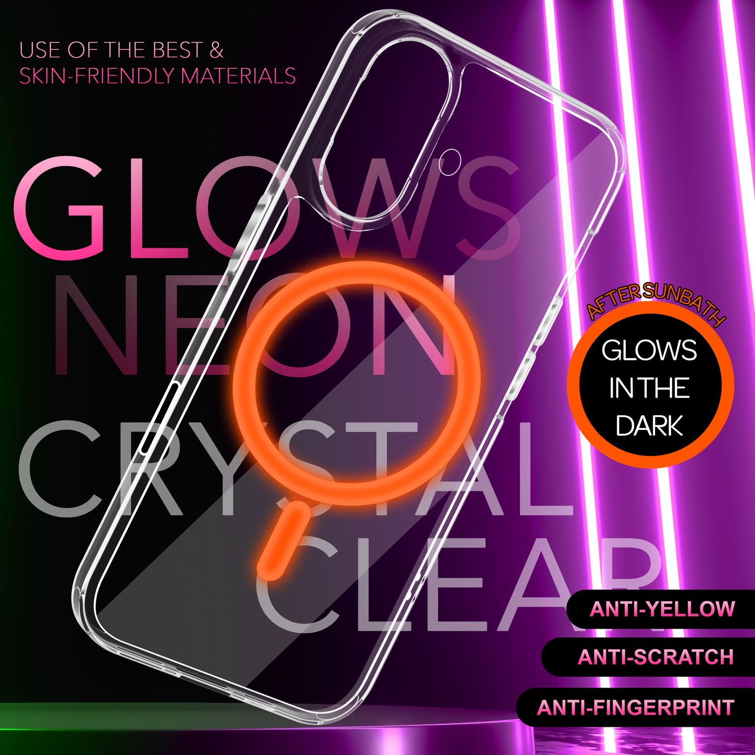 NALIA Klare MagSafe Acryl Hülle für iPhone 16, Bunter Neon Ring mit Night Glow Effekt, Transparente Handyhülle NALIA Transparente Hülle