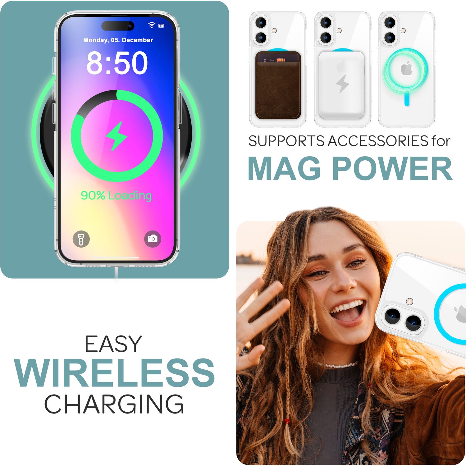 NALIA Klare MagSafe Acryl Hülle für iPhone 16, Bunter Neon Ring mit Night Glow Effekt, Transparente Handyhülle Blau NALIA Transparente Hülle