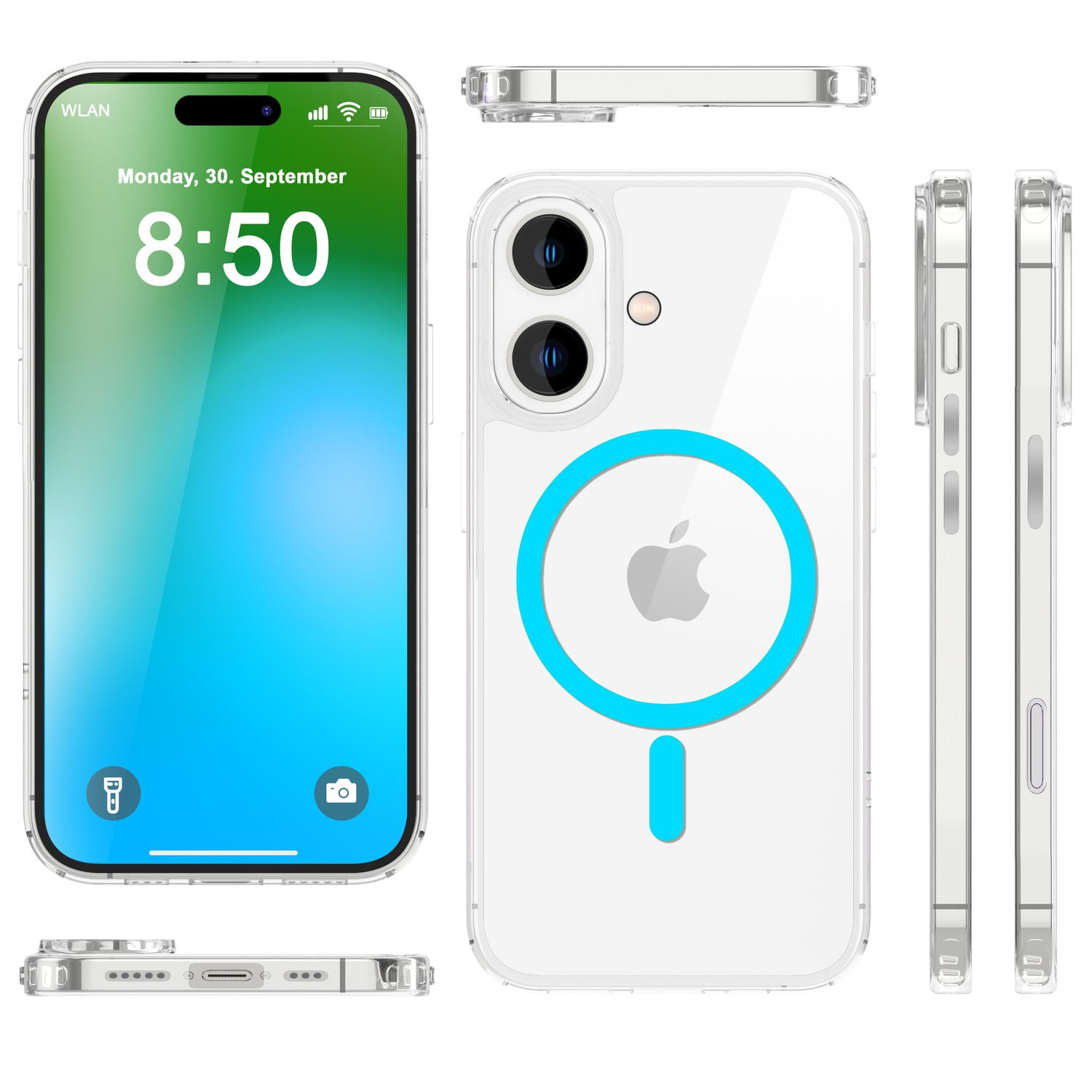 NALIA Klare MagSafe Acryl Hülle für iPhone 16, Bunter Neon Ring mit Night Glow Effekt, Transparente Handyhülle Blau NALIA Transparente Hülle