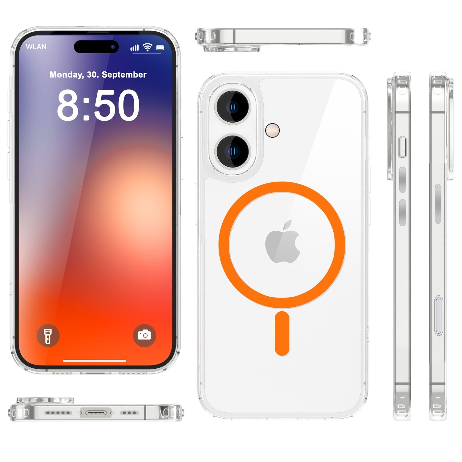 NALIA Klare MagSafe Acryl Hülle für iPhone 16, Bunter Neon Ring mit Night Glow Effekt, Transparente Handyhülle NALIA Transparente Hülle