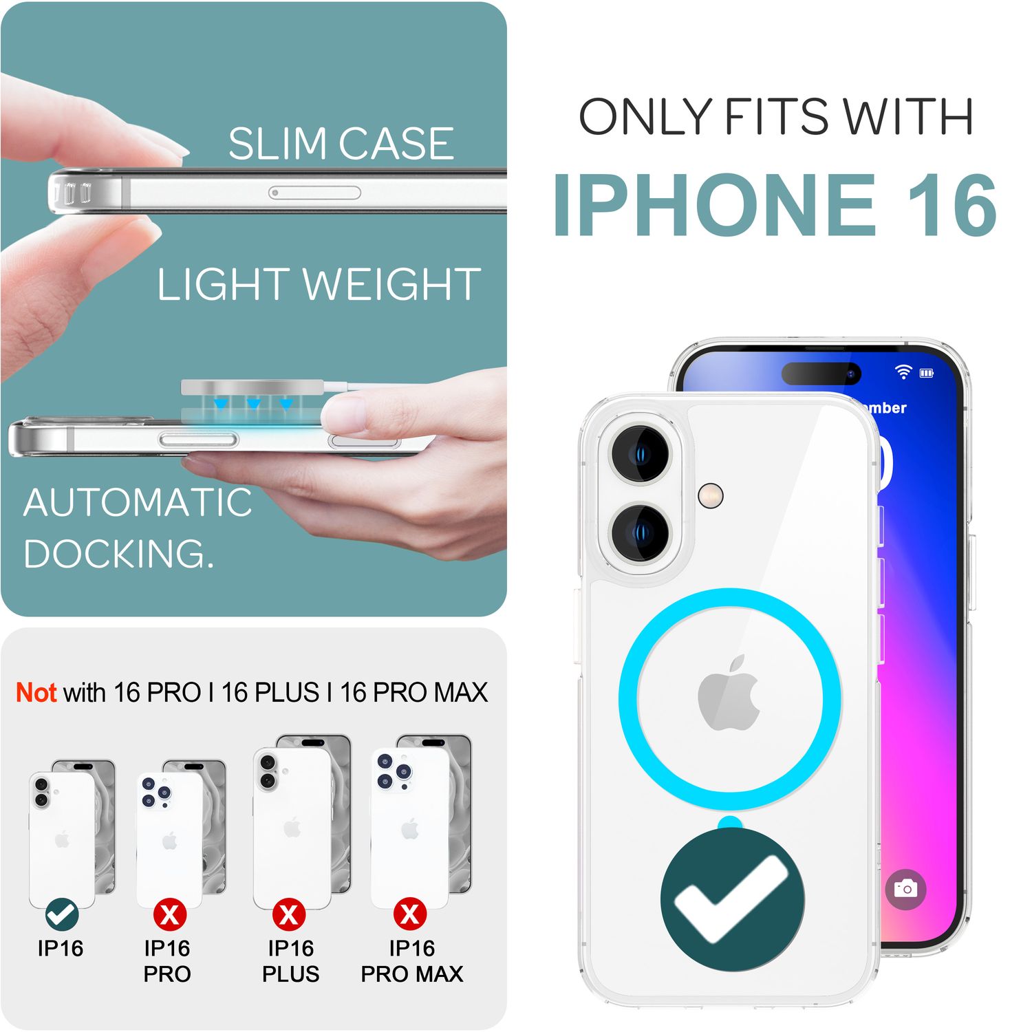 NALIA Klare MagSafe Acryl Hülle für iPhone 16, Bunter Neon Ring mit Night Glow Effekt, Transparente Handyhülle Blau NALIA Transparente Hülle