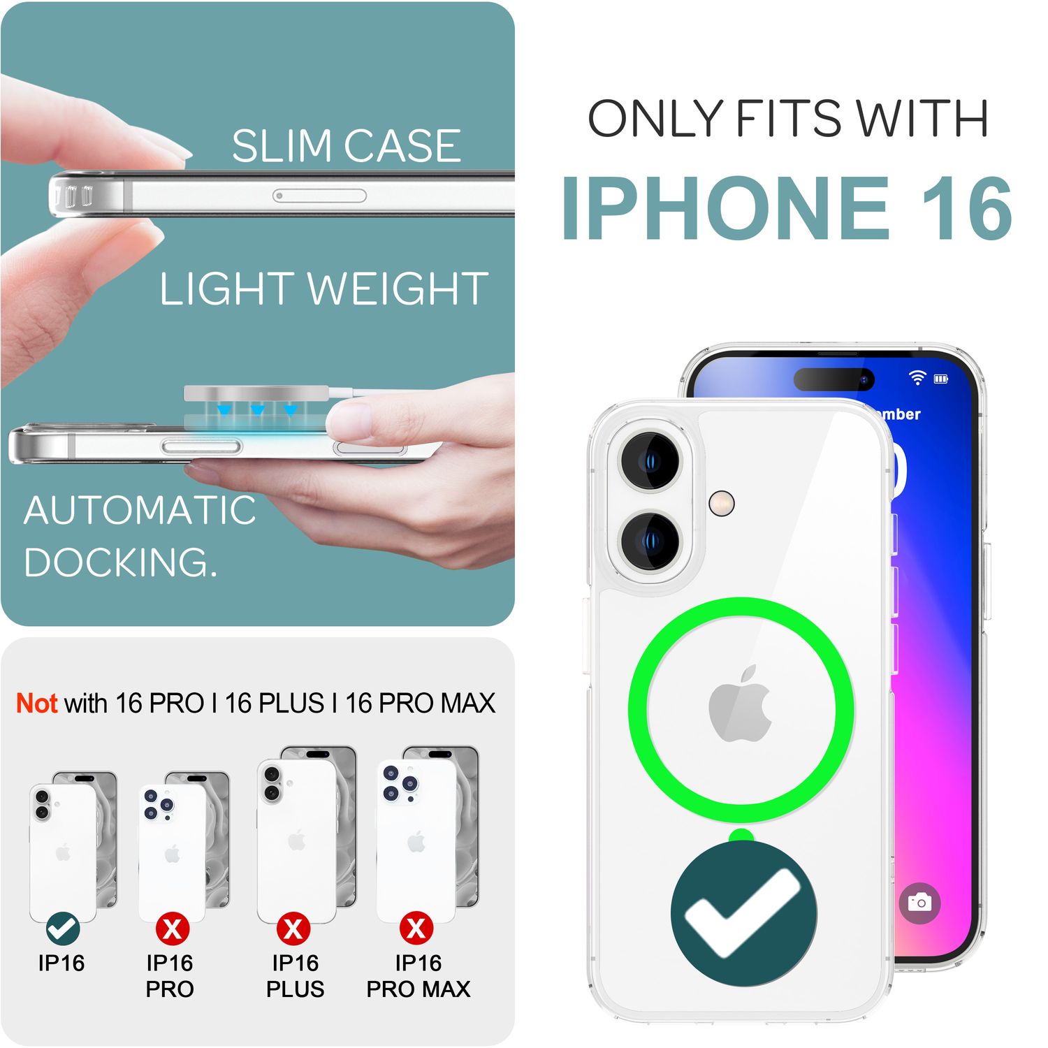 NALIA Klare MagSafe Acryl Hülle für iPhone 16, Bunter Neon Ring mit Night Glow Effekt, Transparente Handyhülle Grün NALIA Transparente Hülle