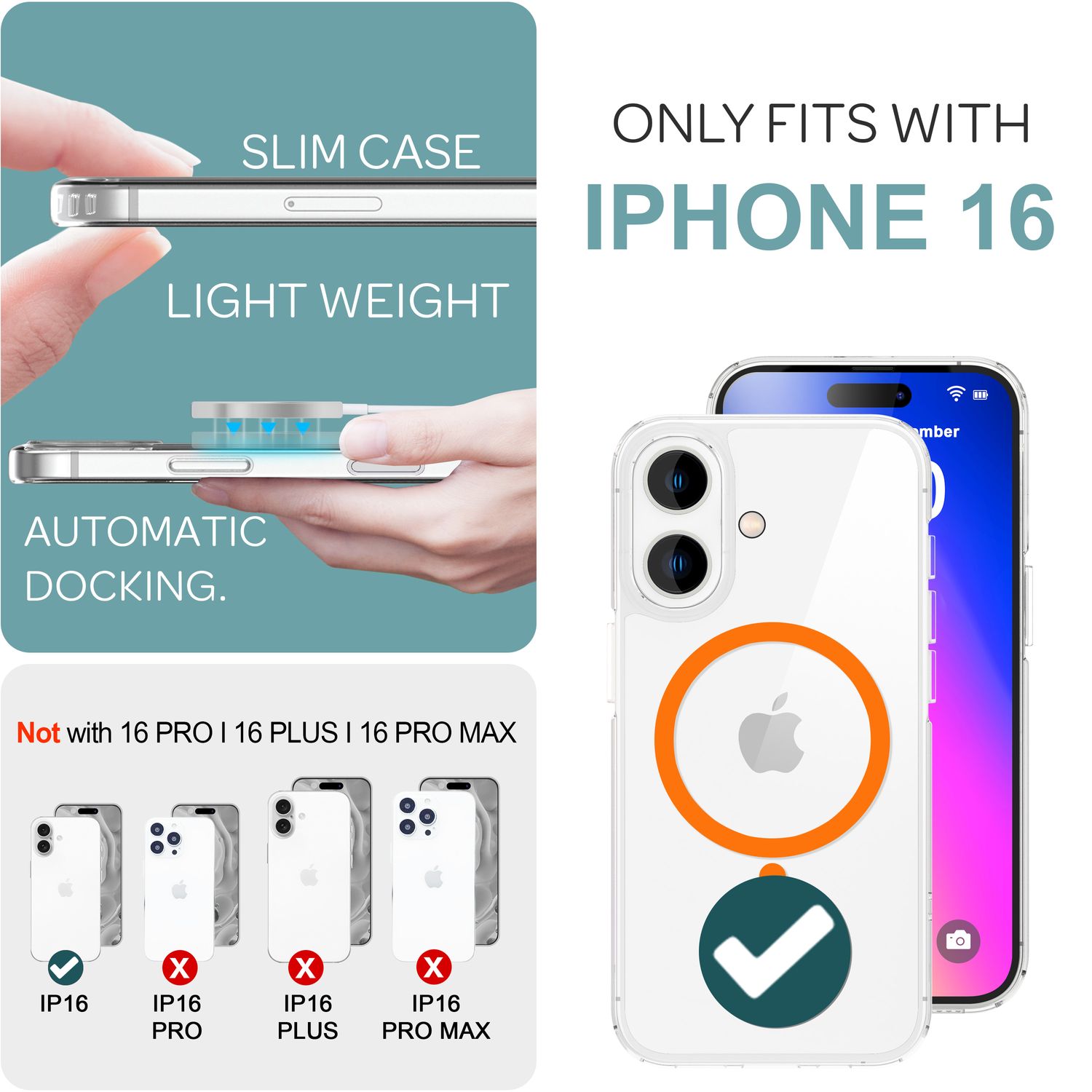 NALIA Klare MagSafe Acryl Hülle für iPhone 16, Bunter Neon Ring mit Night Glow Effekt, Transparente Handyhülle NALIA Transparente Hülle