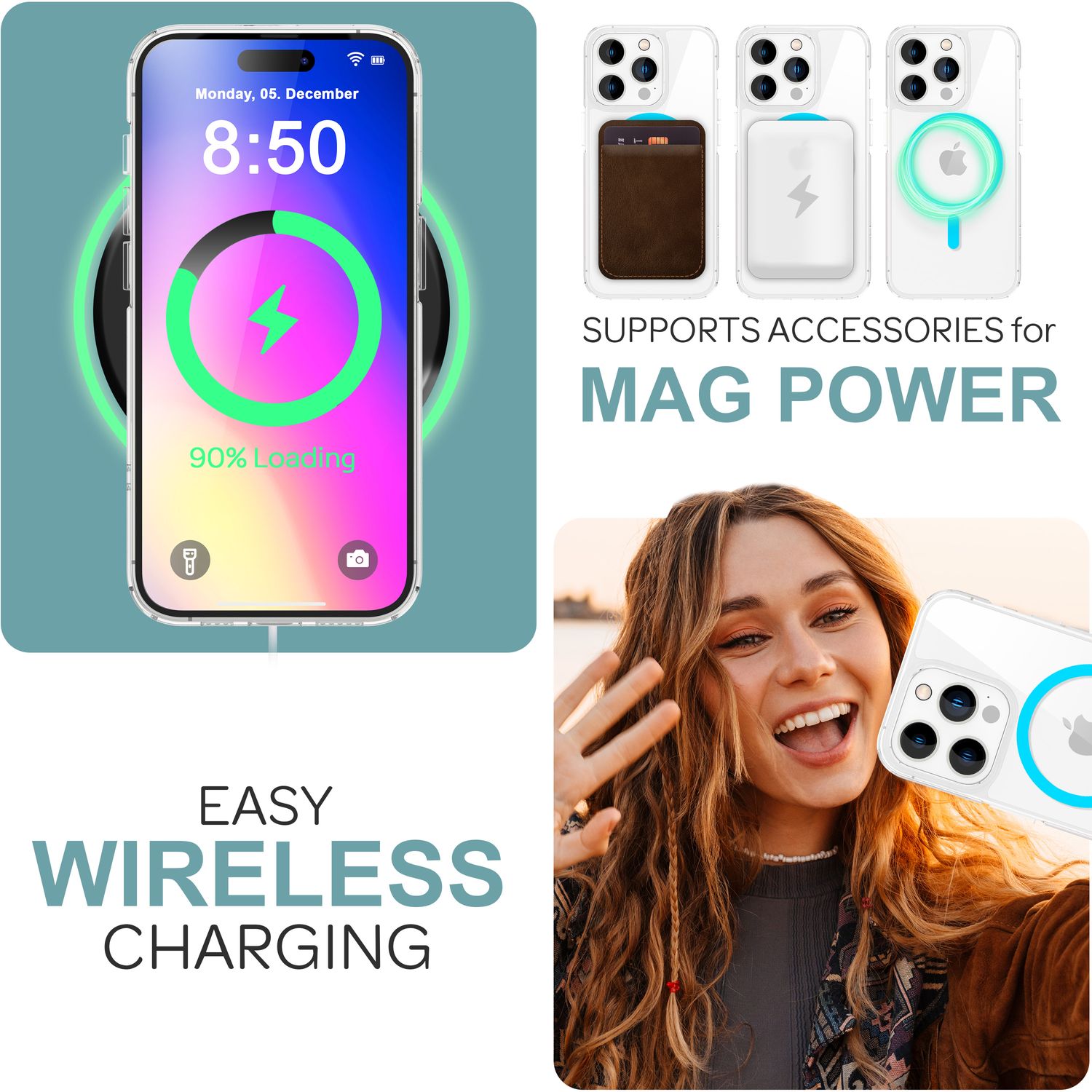 NALIA Klare MagSafe Acryl Hülle für iPhone 16 Pro, Bunter Neon Ring mit Night Glow Effekt, Handyhülle Transparent Blau NALIA Transparente Hülle