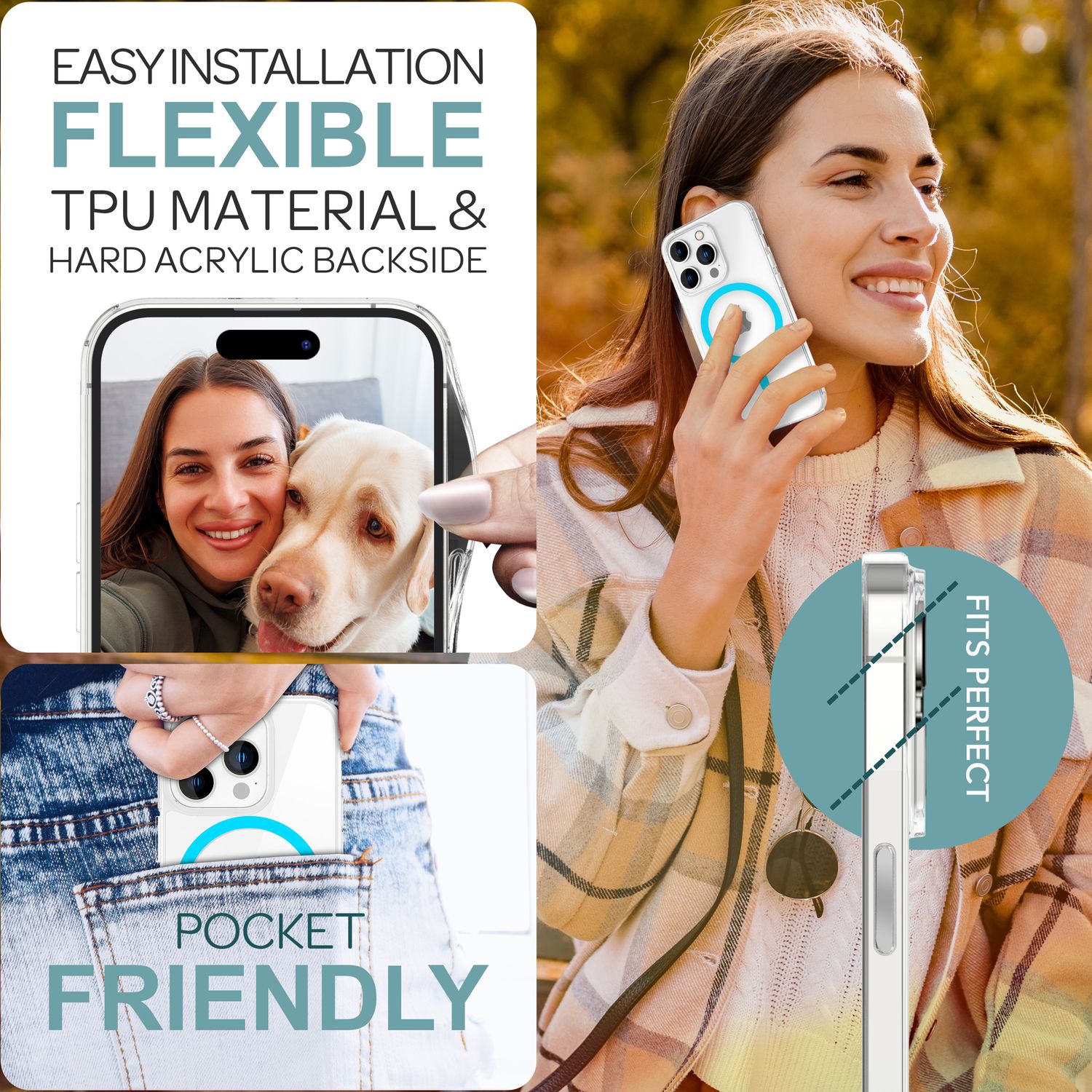 NALIA Klare MagSafe Acryl Hülle für iPhone 16 Pro, Bunter Neon Ring mit Night Glow Effekt, Handyhülle Transparent Blau NALIA Transparente Hülle