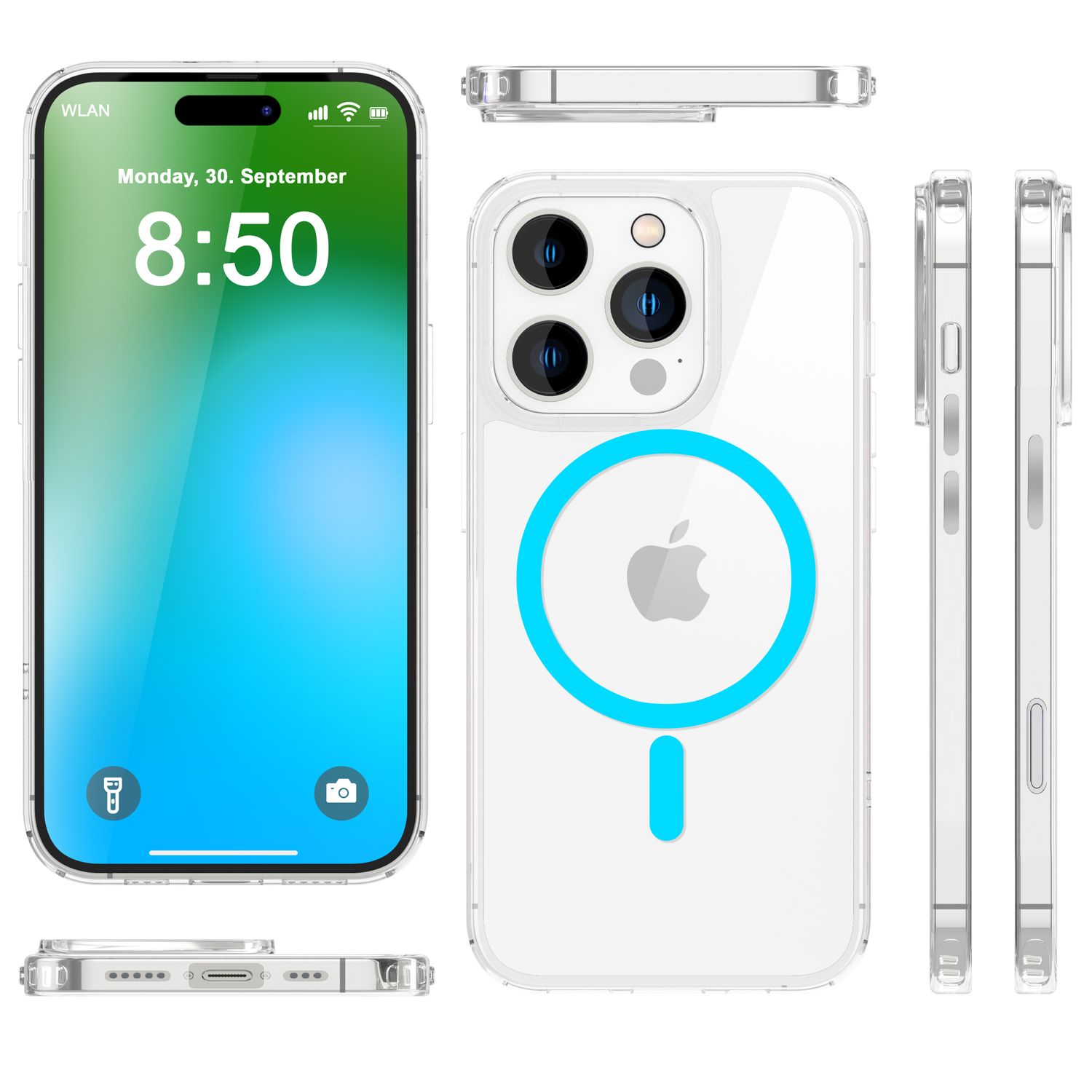 NALIA Klare MagSafe Acryl Hülle für iPhone 16 Pro, Bunter Neon Ring mit Night Glow Effekt, Handyhülle Transparent Blau NALIA Transparente Hülle