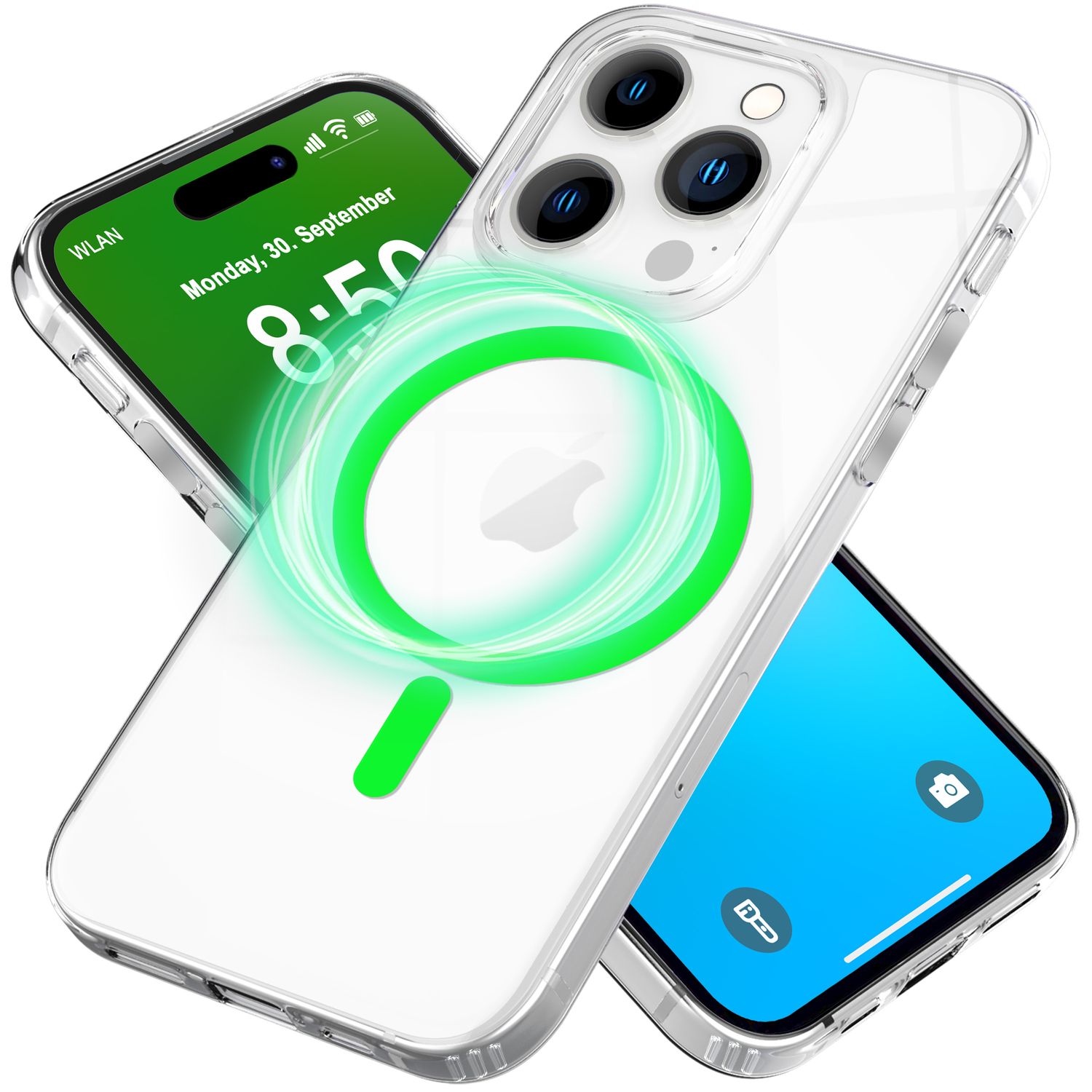 NALIA Klare MagSafe Acryl Hülle für iPhone 16 Pro, Bunter Neon Ring mit Night Glow Effekt, Handyhülle Transparent Grün NALIA Transparente Hülle