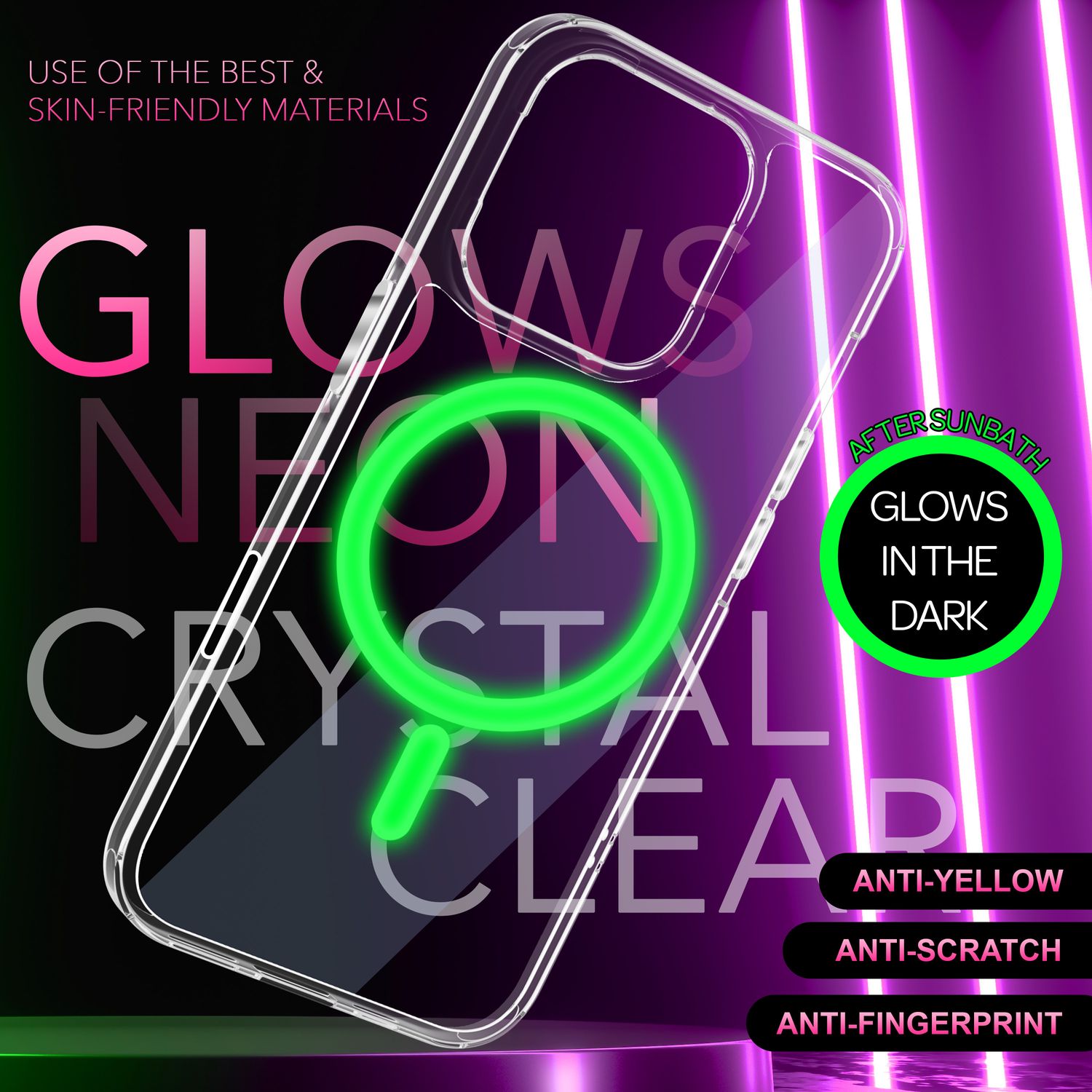 NALIA Klare MagSafe Acryl Hülle für iPhone 16 Pro, Bunter Neon Ring mit Night Glow Effekt, Handyhülle Transparent Grün NALIA Transparente Hülle