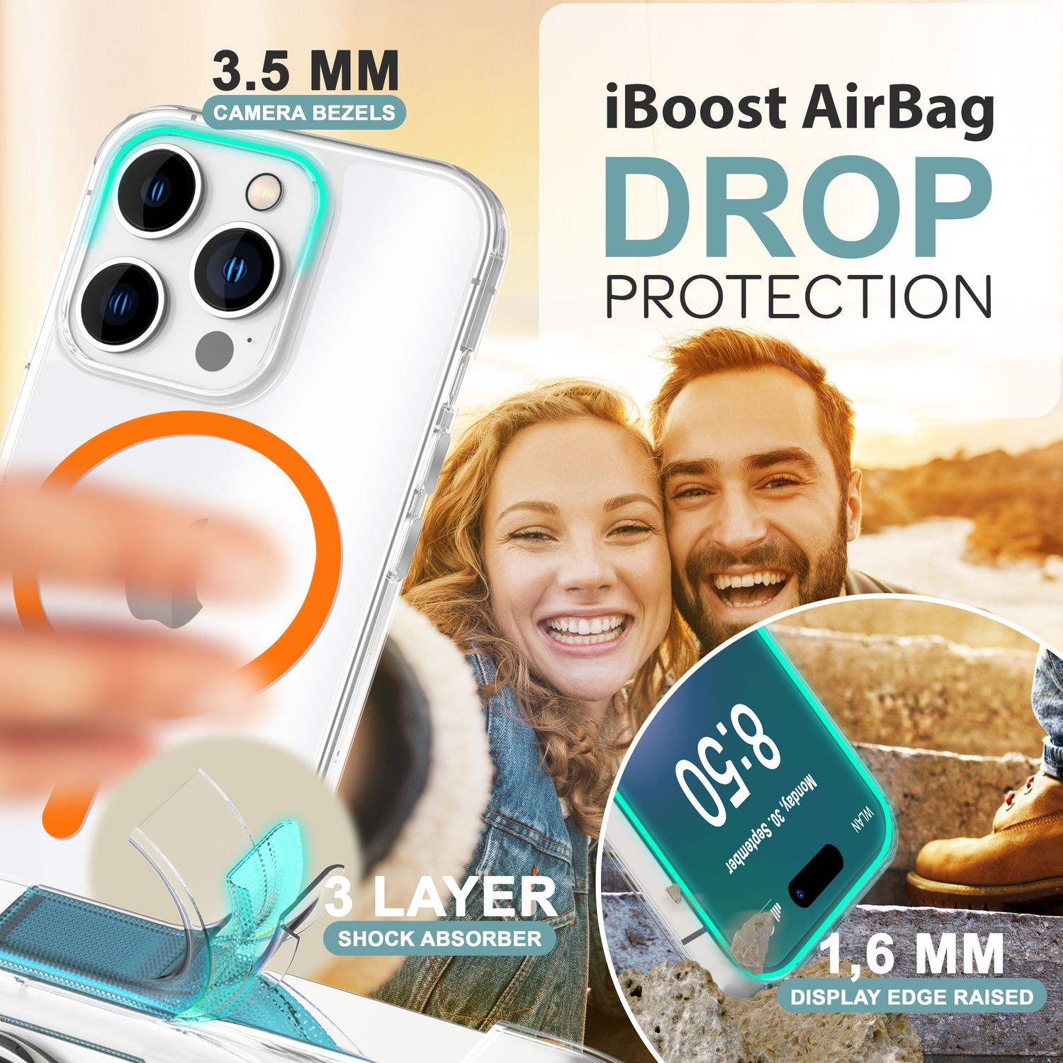 NALIA Klare MagSafe Acryl Hülle für iPhone 16 Pro, Bunter Neon Ring mit Night Glow Effekt, Handyhülle Transparent NALIA Transparente Hülle