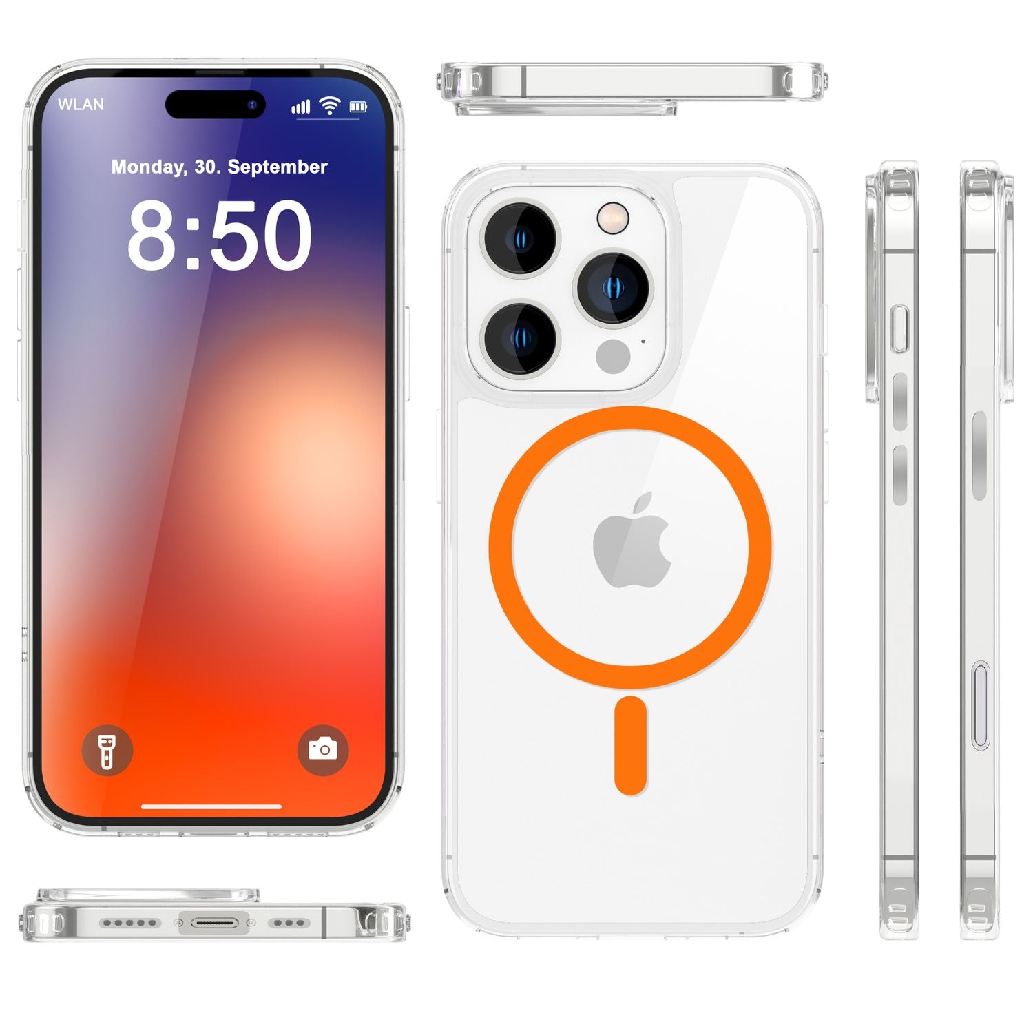 NALIA Klare MagSafe Acryl Hülle für iPhone 16 Pro, Bunter Neon Ring mit Night Glow Effekt, Handyhülle Transparent NALIA Transparente Hülle