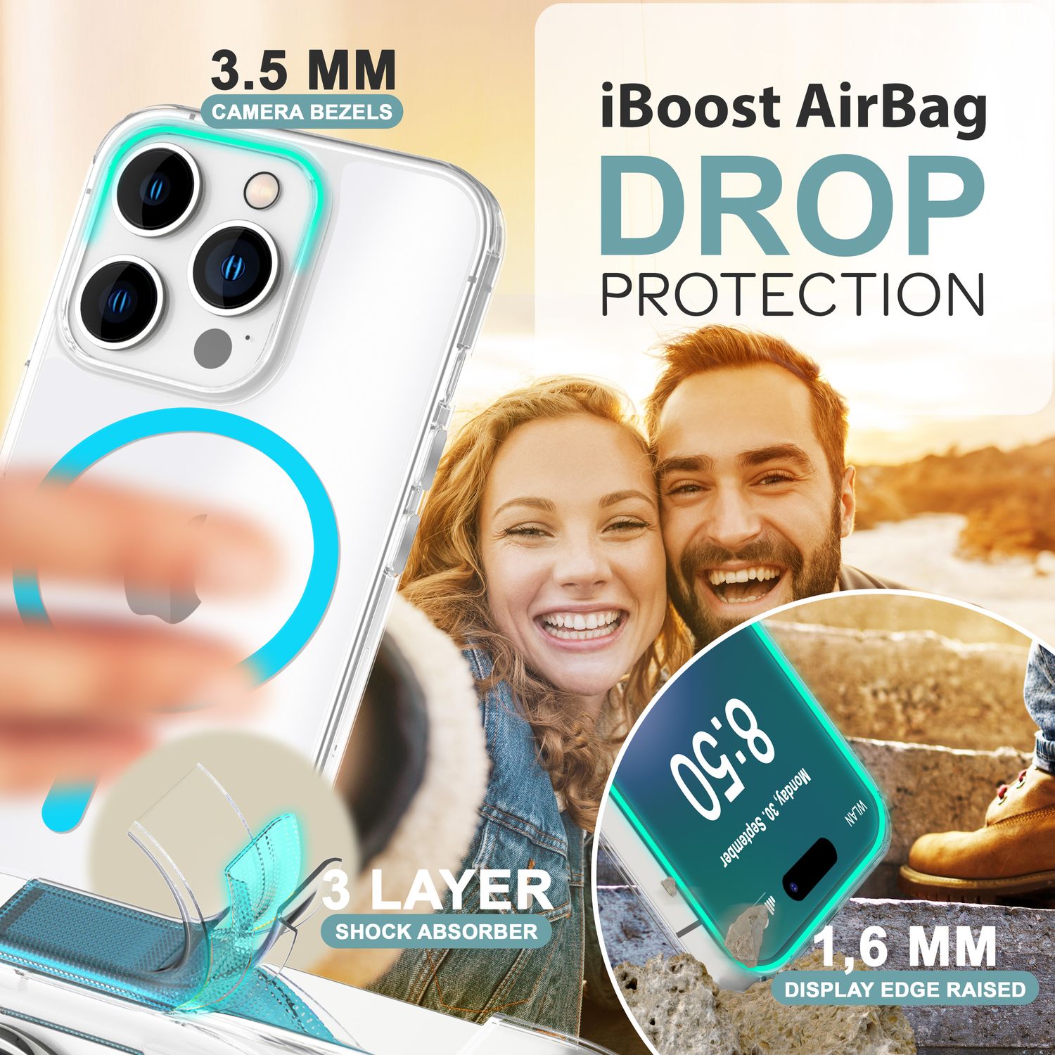 NALIA Klare MagSafe Acryl Hülle für iPhone 16 Pro Max, Bunter Neon Ring mit Night Glow Effekt, Robuste Handyhülle Blau NALIA Transparente Hülle