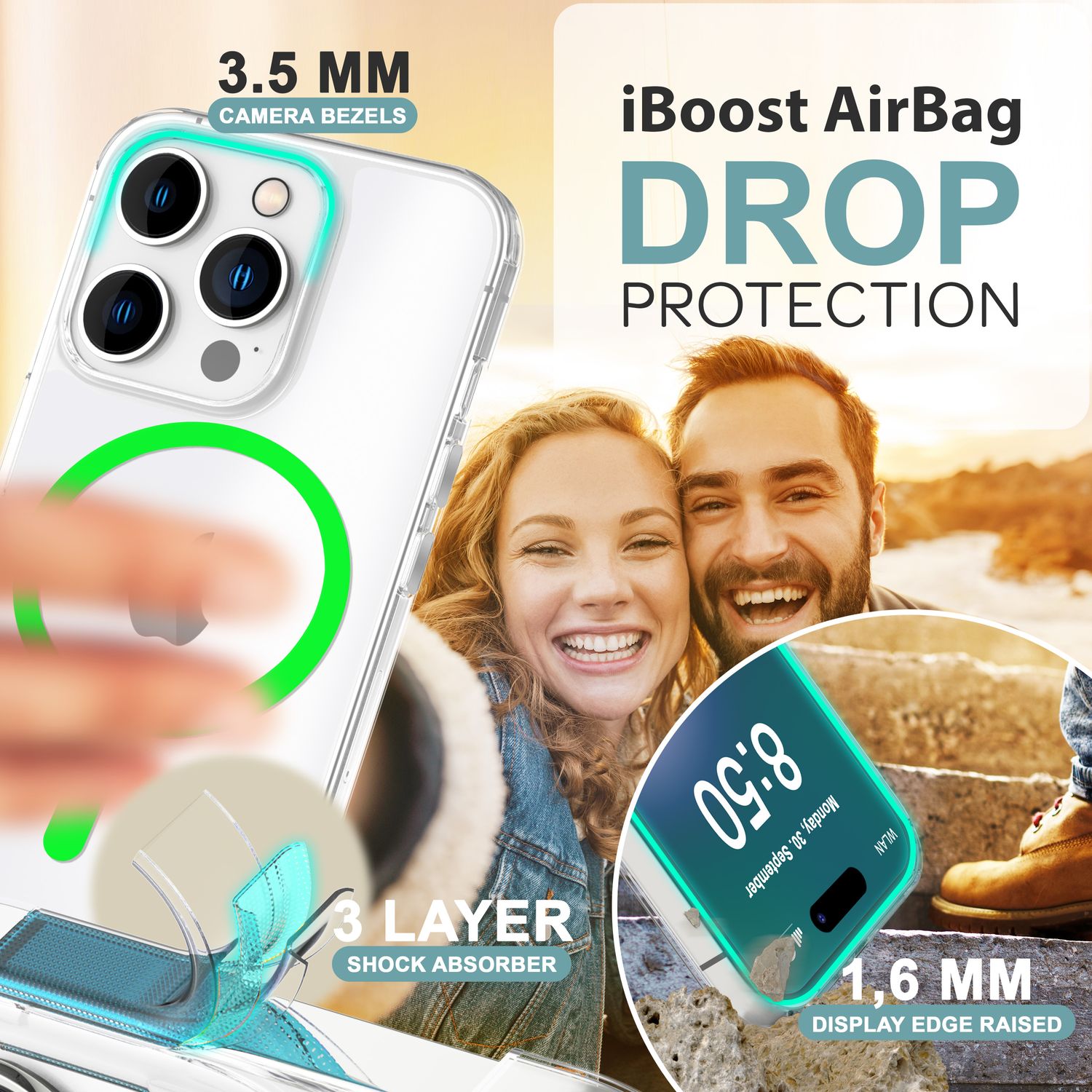 NALIA Klare MagSafe Acryl Hülle für iPhone 16 Pro Max, Bunter Neon Ring mit Night Glow Effekt, Robuste Handyhülle Grün NALIA Transparente Hülle