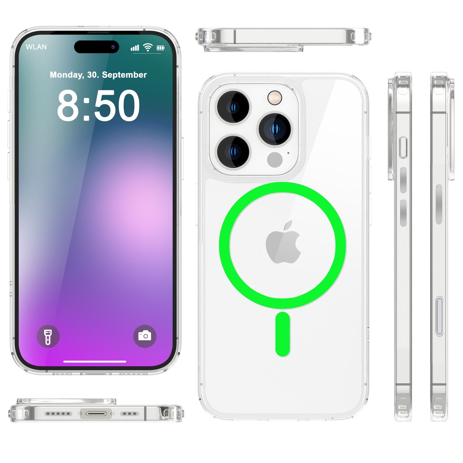 NALIA Klare MagSafe Acryl Hülle für iPhone 16 Pro Max, Bunter Neon Ring mit Night Glow Effekt, Robuste Handyhülle Grün NALIA Transparente Hülle