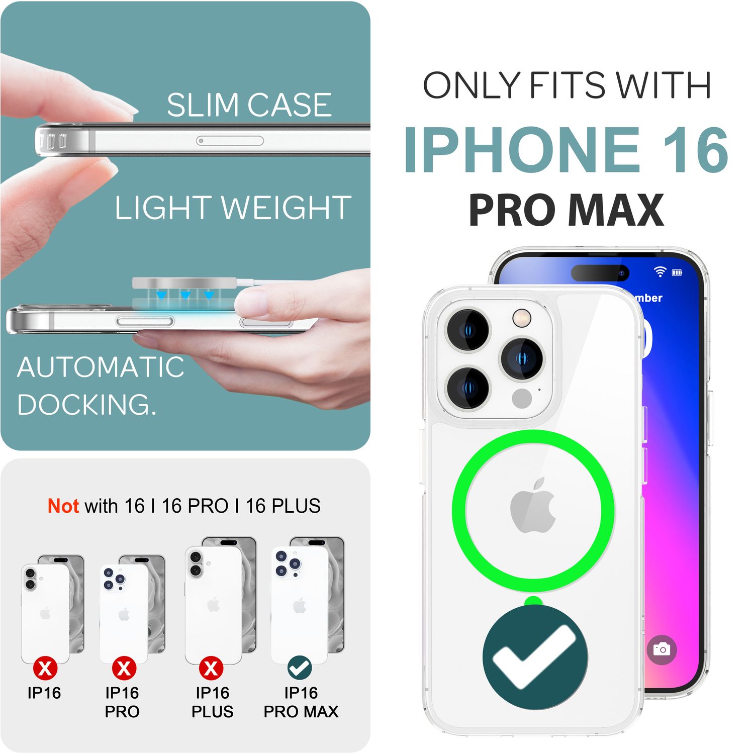 NALIA Klare MagSafe Acryl Hülle für iPhone 16 Pro Max, Bunter Neon Ring mit Night Glow Effekt, Robuste Handyhülle Grün NALIA Transparente Hülle