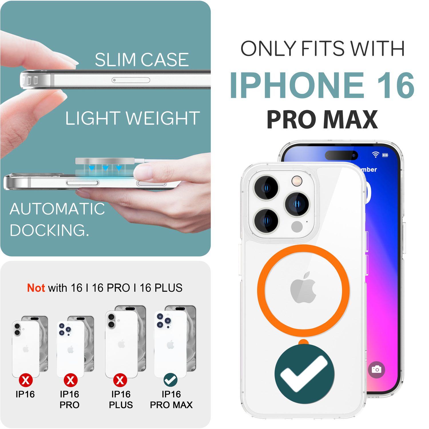 NALIA Klare MagSafe Acryl Hülle für iPhone 16 Pro Max, Bunter Neon Ring mit Night Glow Effekt, Robuste Handyhülle NALIA Transparente Hülle