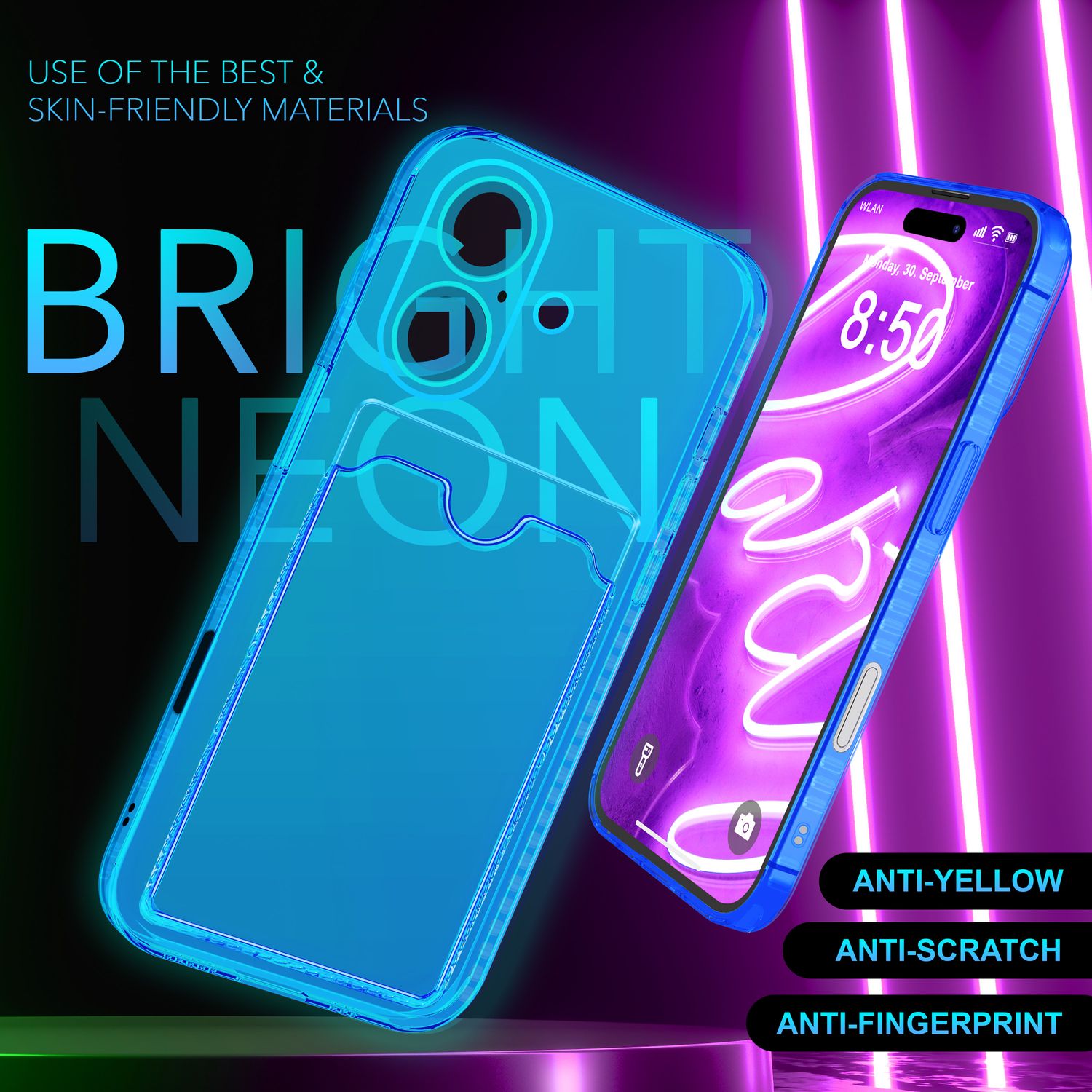 NALIA Klare Neon Hülle mit Kartenhalter für iPhone 16, Bunte Handyhülle mit Kartenfach, Durchsichtiges Silikon Blau NALIA Neon Hülle