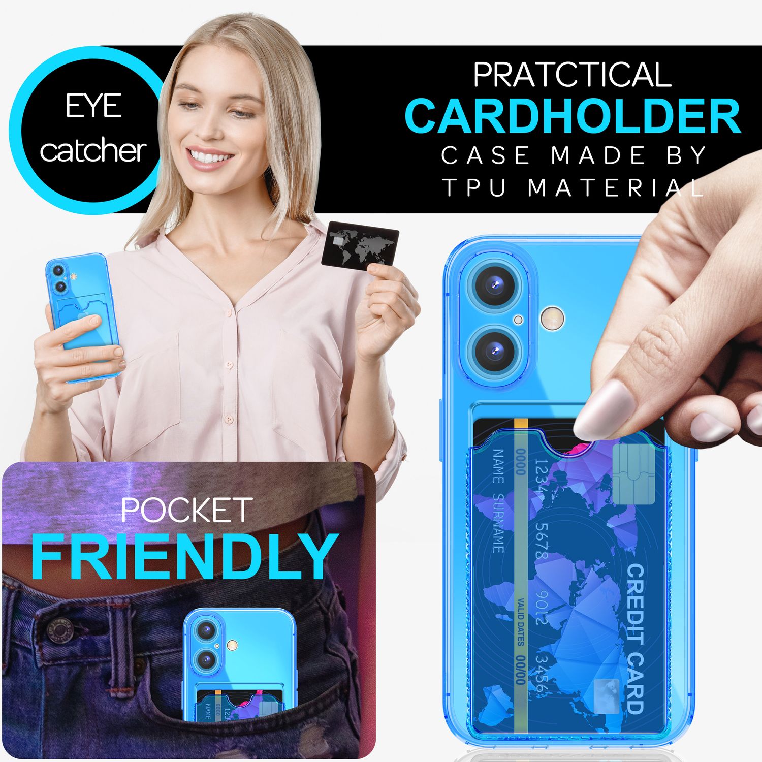 NALIA Klare Neon Hülle mit Kartenhalter für iPhone 16, Bunte Handyhülle mit Kartenfach, Durchsichtiges Silikon Blau NALIA Neon Hülle