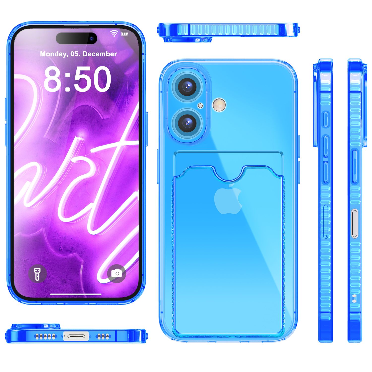 NALIA Klare Neon Hülle mit Kartenhalter für iPhone 16, Bunte Handyhülle mit Kartenfach, Durchsichtiges Silikon Blau NALIA Neon Hülle