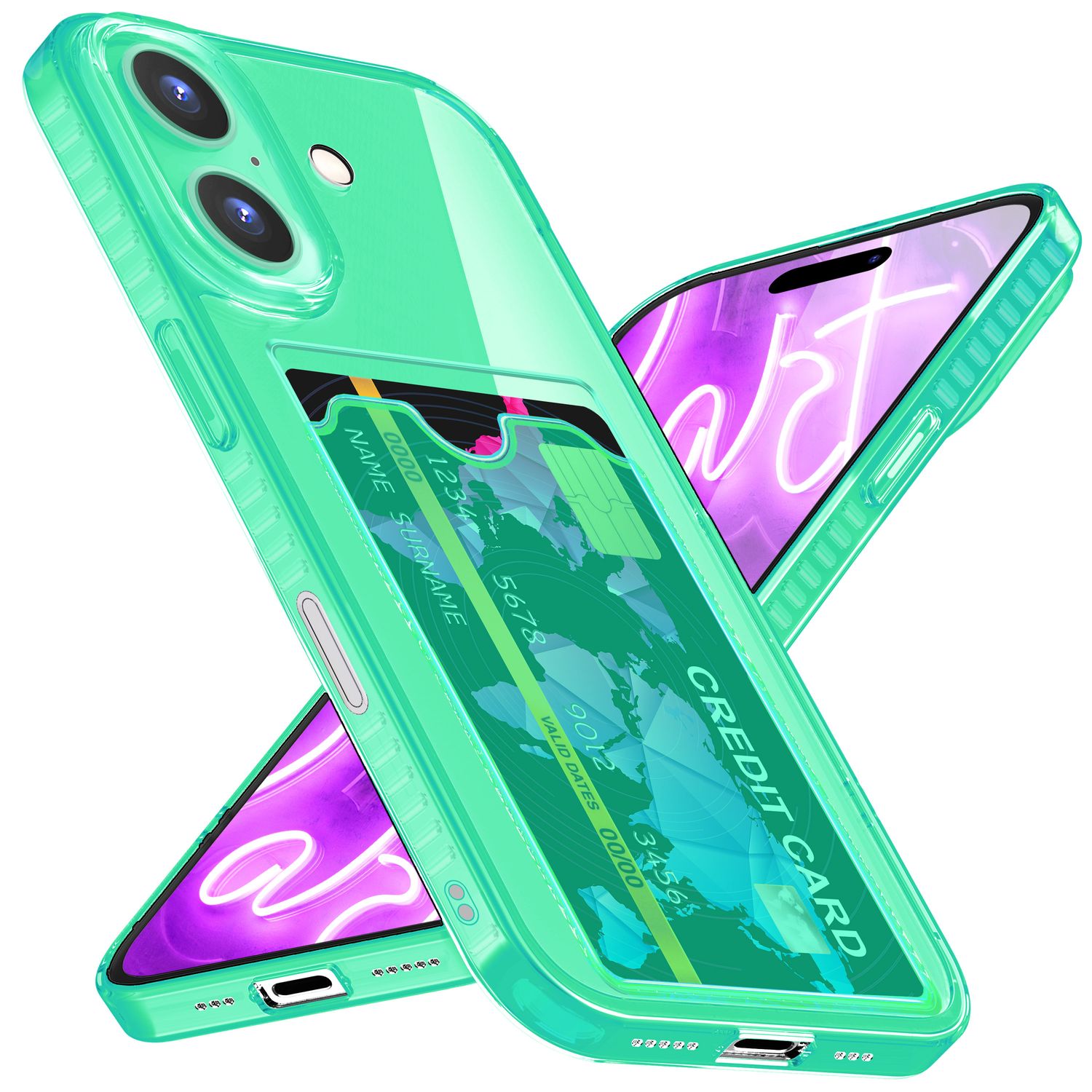NALIA Klare Neon Hülle mit Kartenhalter für iPhone 16, Bunte Handyhülle mit Kartenfach, Durchsichtiges Silikon Türkis NALIA Neon Hülle