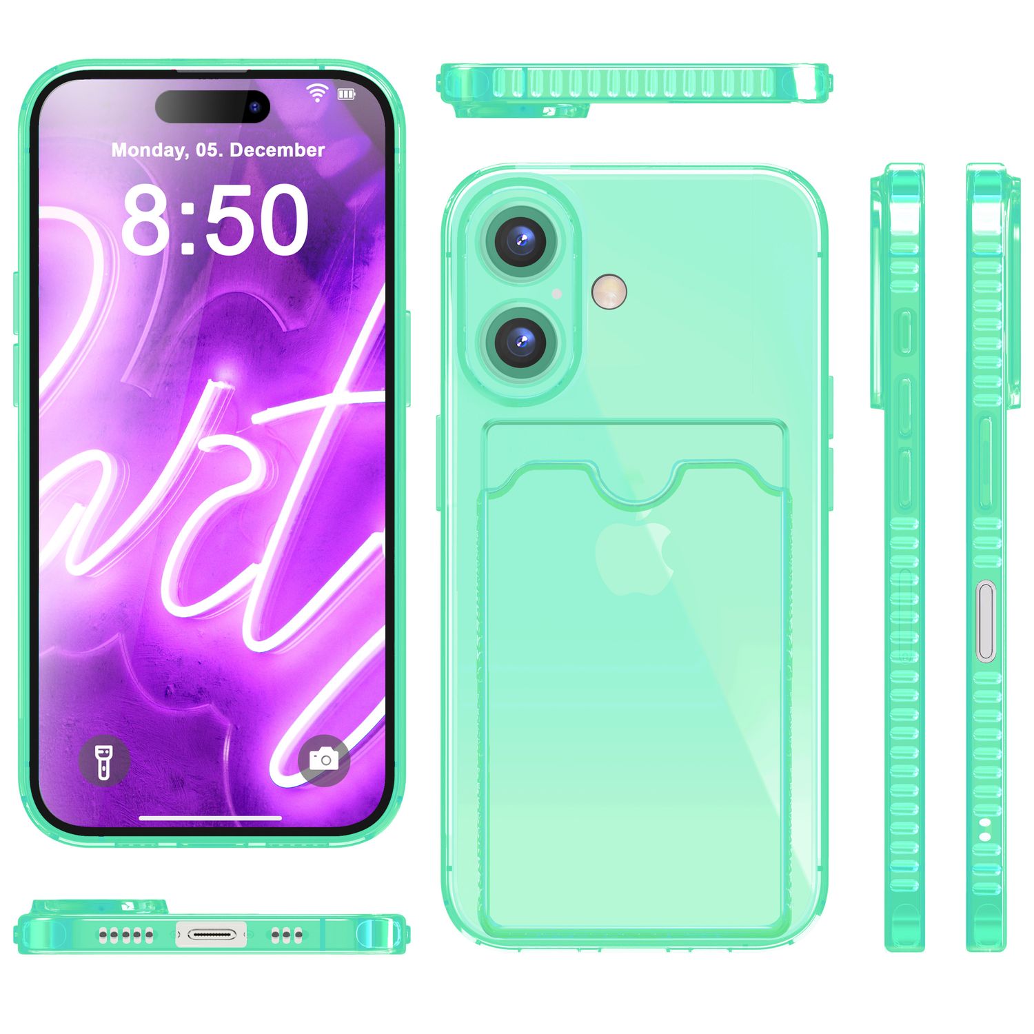 NALIA Klare Neon Hülle mit Kartenhalter für iPhone 16, Bunte Handyhülle mit Kartenfach, Durchsichtiges Silikon Türkis NALIA Neon Hülle