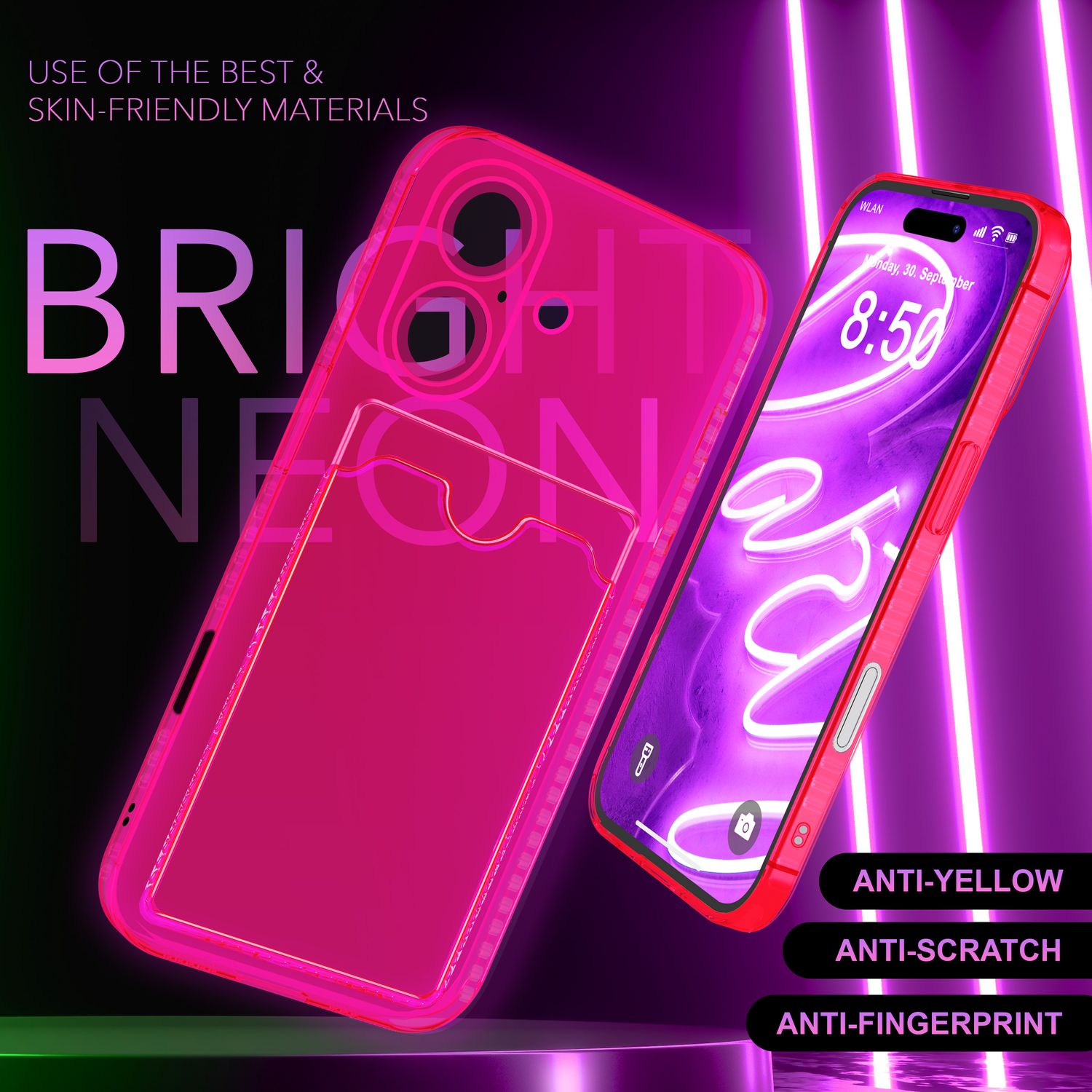 NALIA Klare Neon Hülle mit Kartenhalter für iPhone 16, Bunte Handyhülle mit Kartenfach, Durchsichtiges Silikon Pink NALIA Neon Hülle