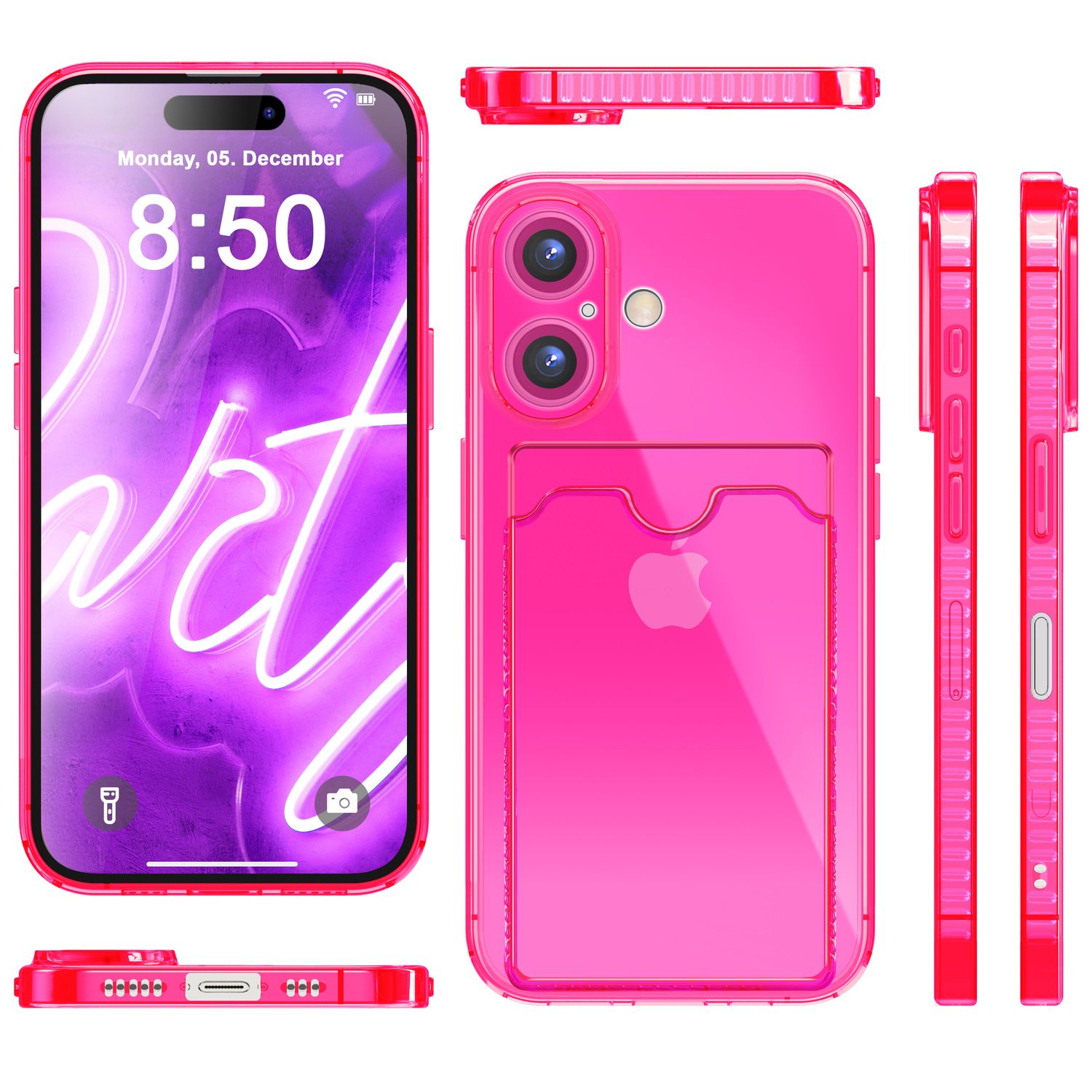NALIA Klare Neon Hülle mit Kartenhalter für iPhone 16, Bunte Handyhülle mit Kartenfach, Durchsichtiges Silikon Pink NALIA Neon Hülle