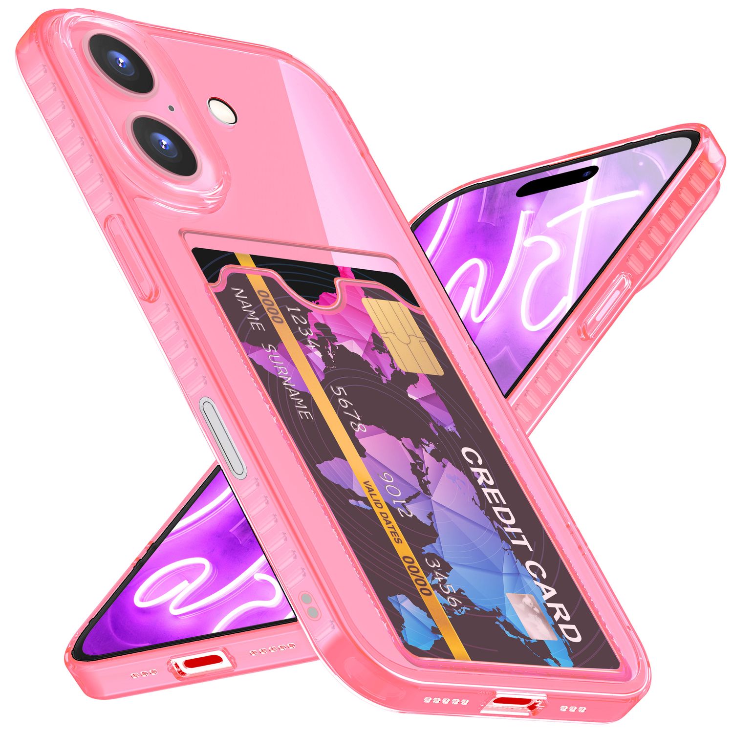 NALIA Klare Neon Hülle mit Kartenhalter für iPhone 16, Bunte Handyhülle mit Kartenfach, Durchsichtiges Silikon Rosa NALIA Neon Hülle