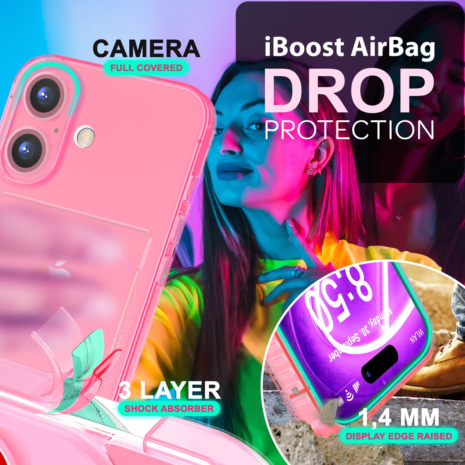 NALIA Klare Neon Hülle mit Kartenhalter für iPhone 16, Bunte Handyhülle mit Kartenfach, Durchsichtiges Silikon Rosa NALIA Neon Hülle