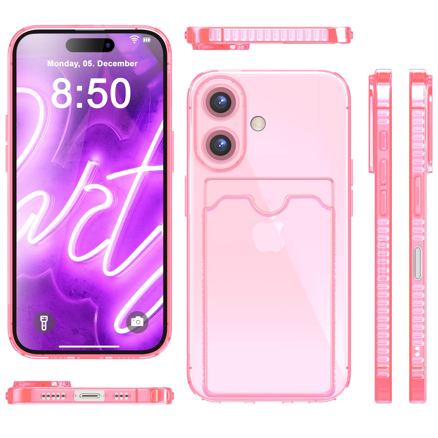NALIA Klare Neon Hülle mit Kartenhalter für iPhone 16, Bunte Handyhülle mit Kartenfach, Durchsichtiges Silikon Rosa NALIA Neon Hülle