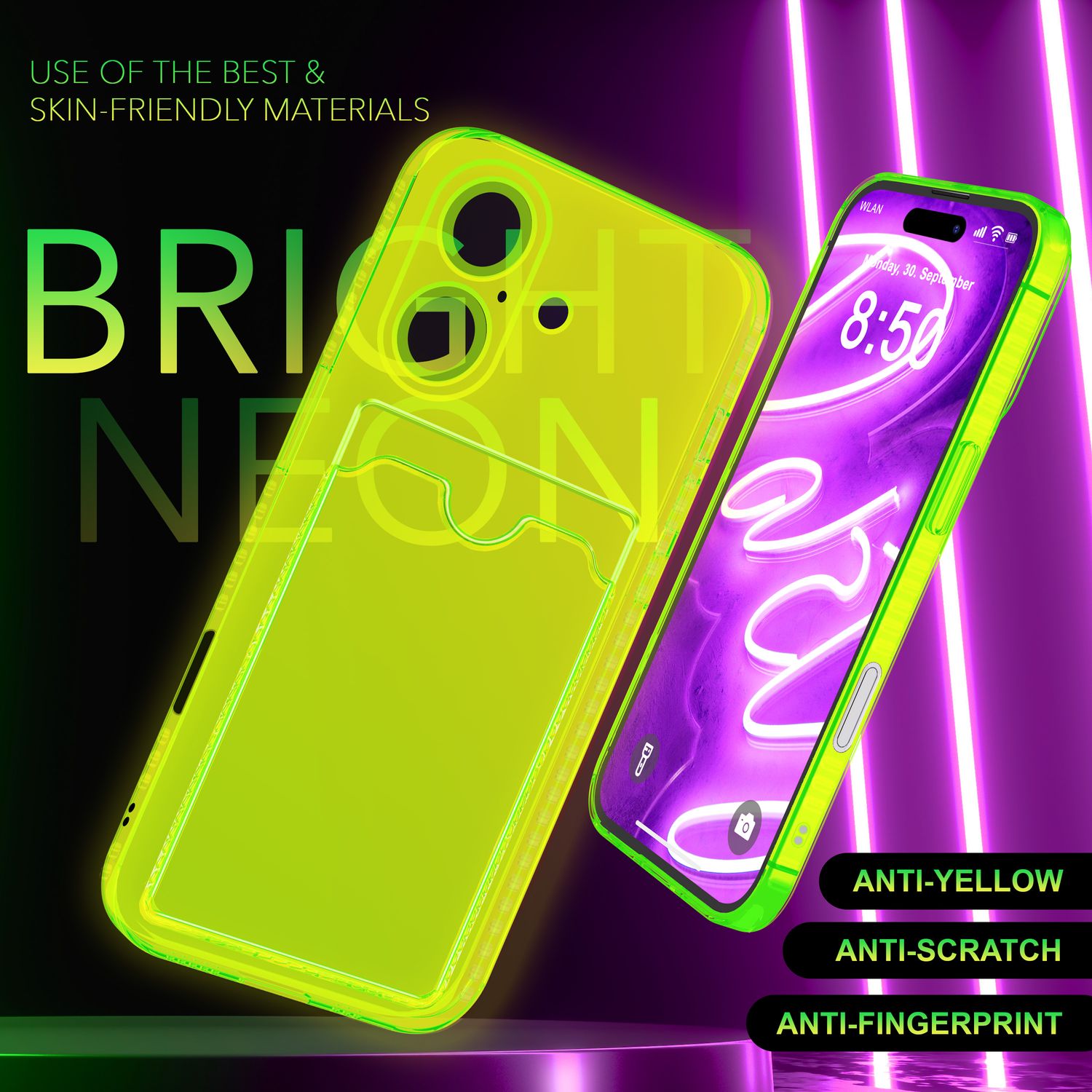 NALIA Klare Neon Hülle mit Kartenhalter für iPhone 16, Bunte Handyhülle mit Kartenfach, Durchsichtiges Silikon Gelb NALIA Neon Hülle