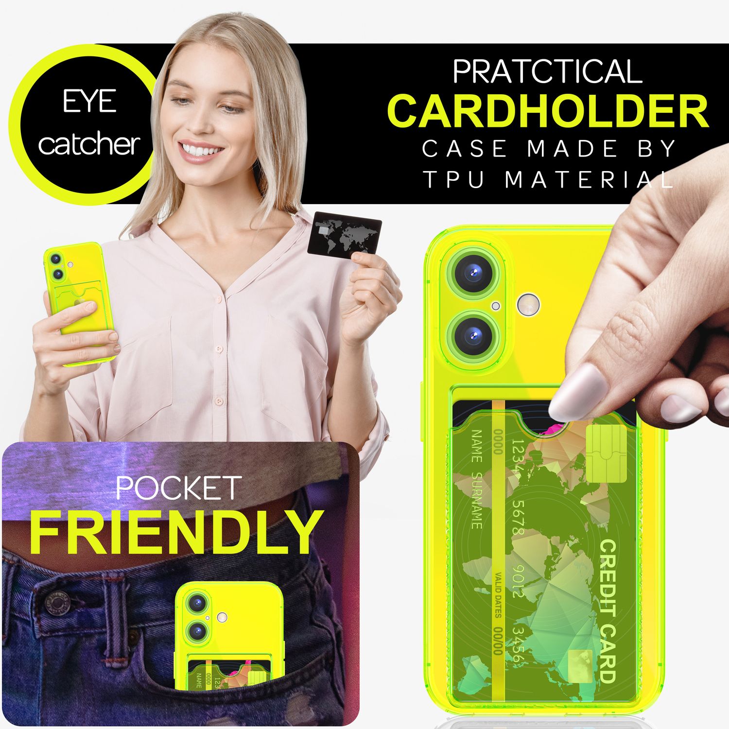 NALIA Klare Neon Hülle mit Kartenhalter für iPhone 16, Bunte Handyhülle mit Kartenfach, Durchsichtiges Silikon Gelb NALIA Neon Hülle